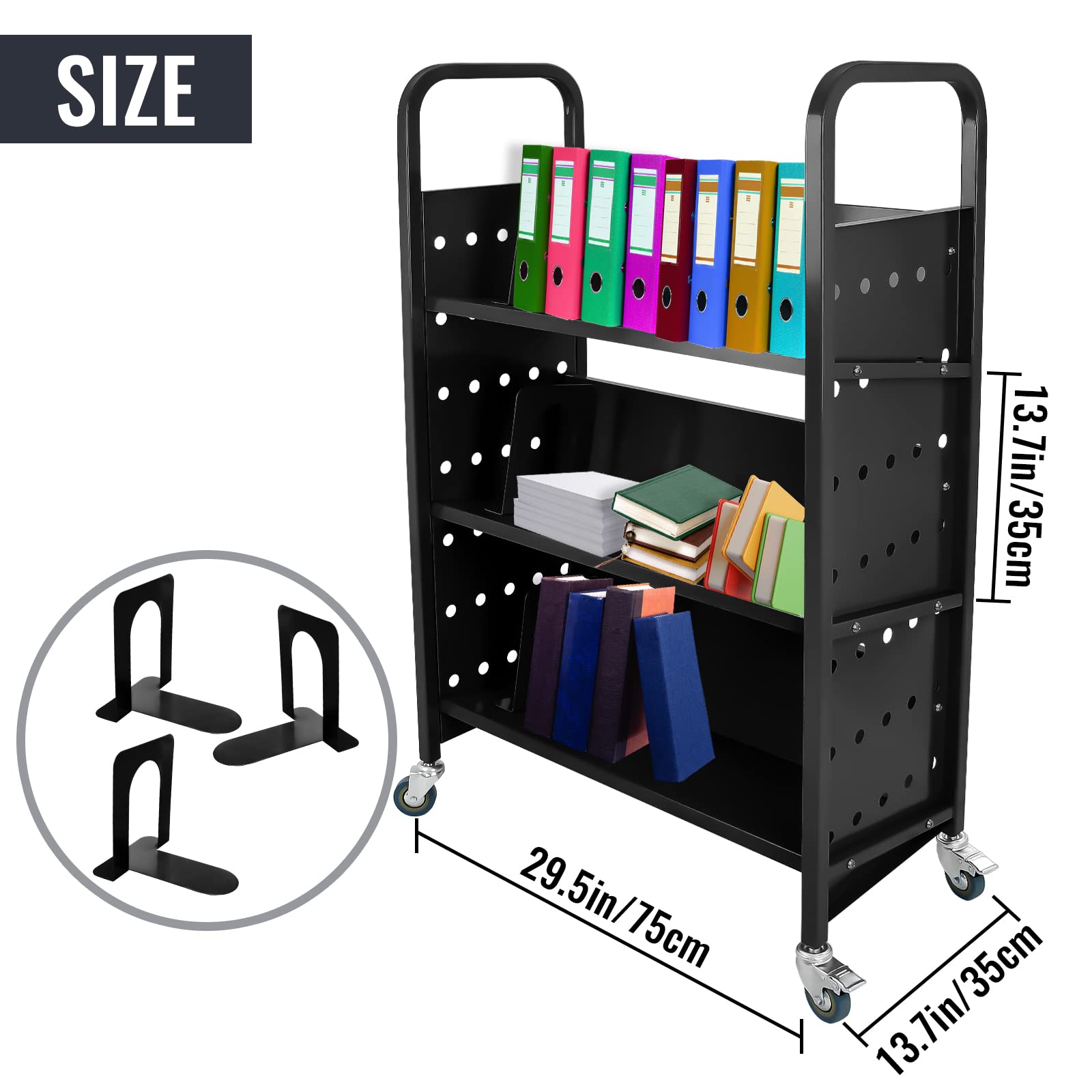 Rolling Library Book Cart with 4 Lockable Wheels - 200LBS Capacity Single Sided V-Shaped Shelf for Home, Office & School Use - Black | Perfect for Organizing Books, Files & Supplies in Libraries, Classrooms & Workspaces