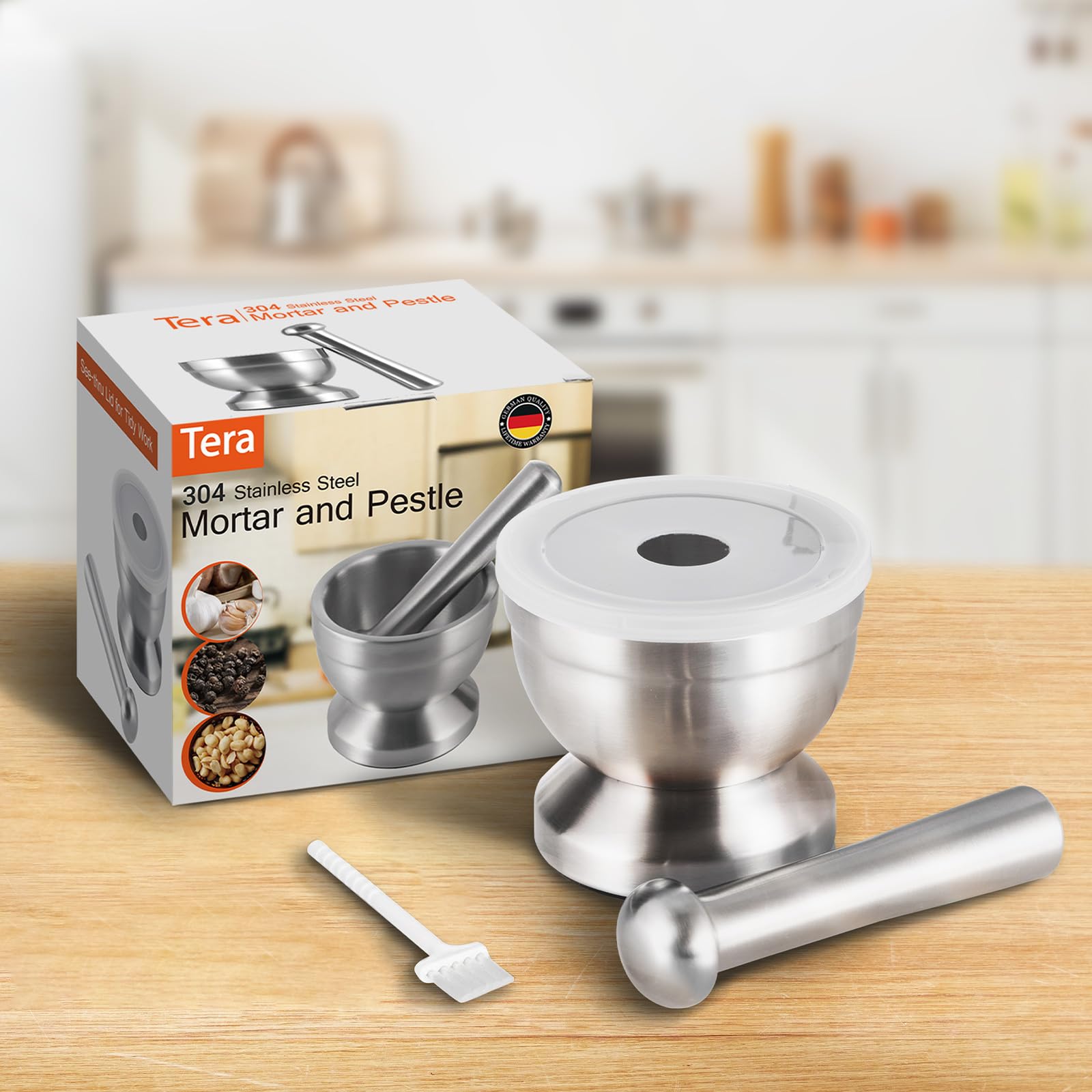 Premium Tera 18/8 Stainless Steel Mortar and Pestle Set with Brush - Pill Crusher, Spice Grinder, Herb Bowl for Pesto & Powder - Perfect for Kitchen, Pharmacy & Herbal Medicine Preparation