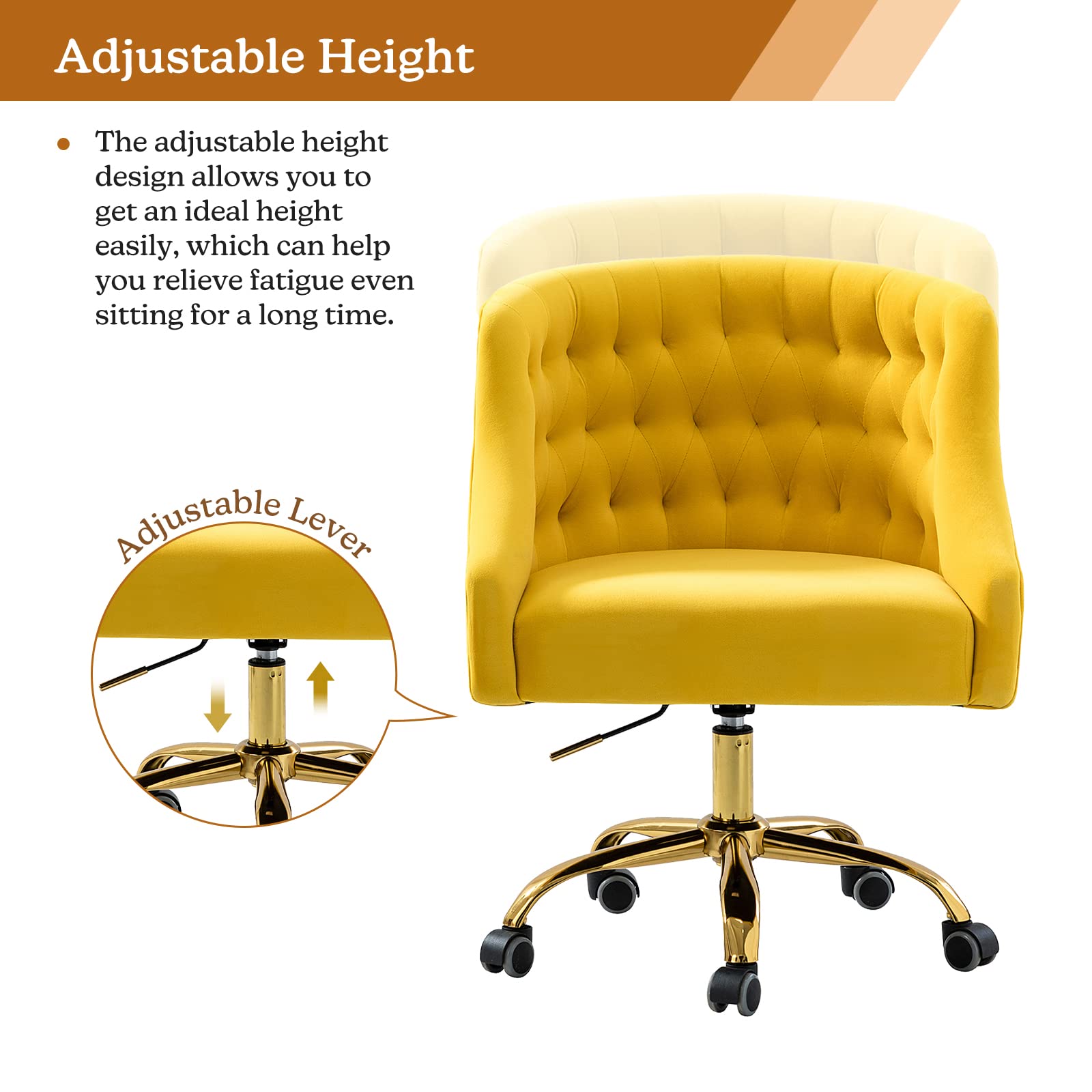 Luxury Velvet Home Office Chair with Gold Base - Adjustable Swivel Task Chair for Living Room, Bedroom & Study - Modern Ergonomic Desk Chair for Women - Perfect for Work From Home, Gaming & Vanity Areas (Yellow)