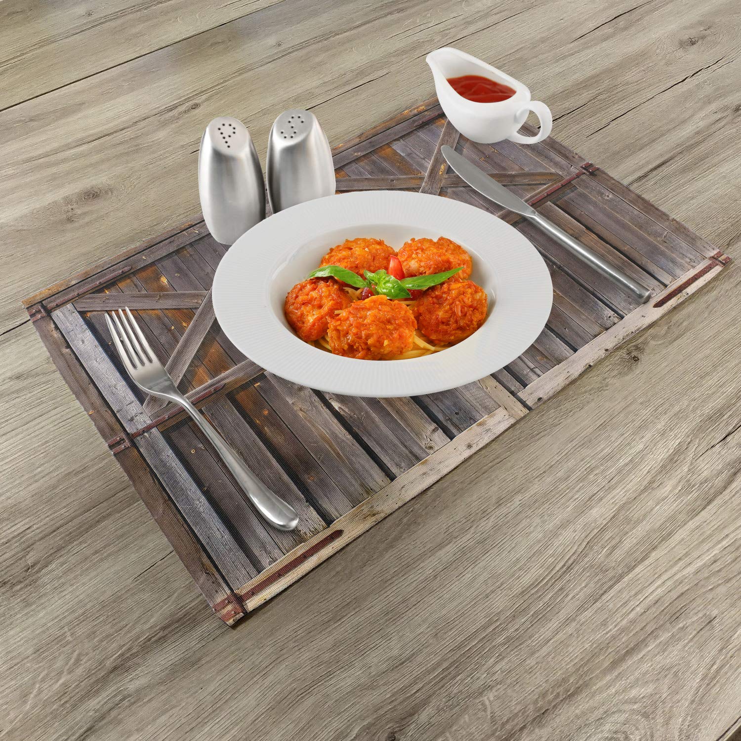 Ambesonne Rustic Place Mats Set of 4 - Farmhouse Oak Wooden Barn Door Design, Washable Fabric Dining Table Mats for Country Kitchen Decor, Standard Size Taupe - Perfect for Thanksgiving, Christmas & Everyday Family Meals