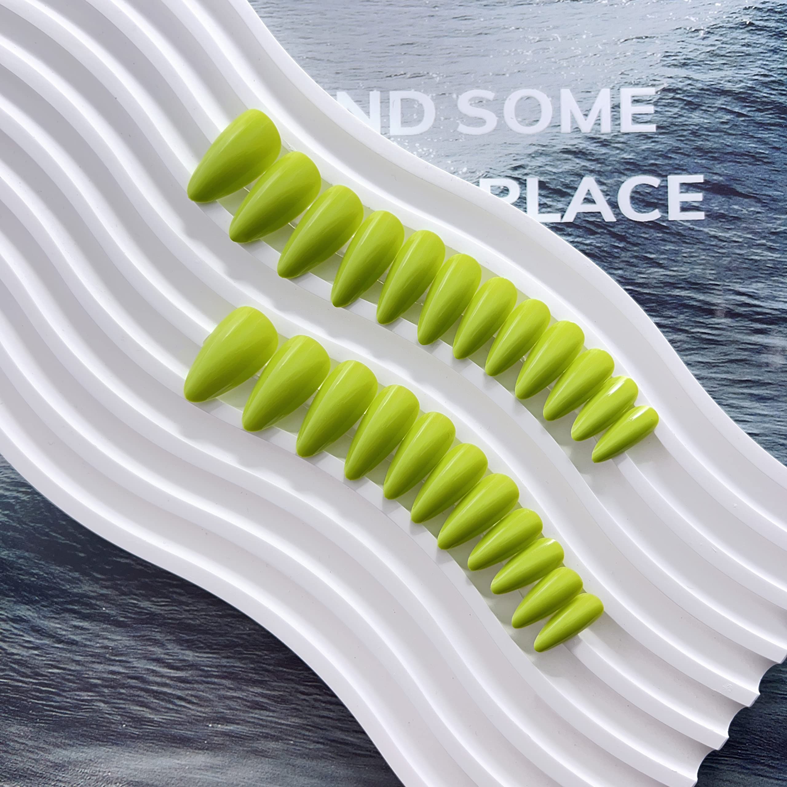 Grass Green Press on Nails - 24Pcs Almond Shaped Fake Nails with Glue, Medium Length Acrylic False Nails for Women | Natural Gel Stiletto Nails for Daily Wear & Special Occasions