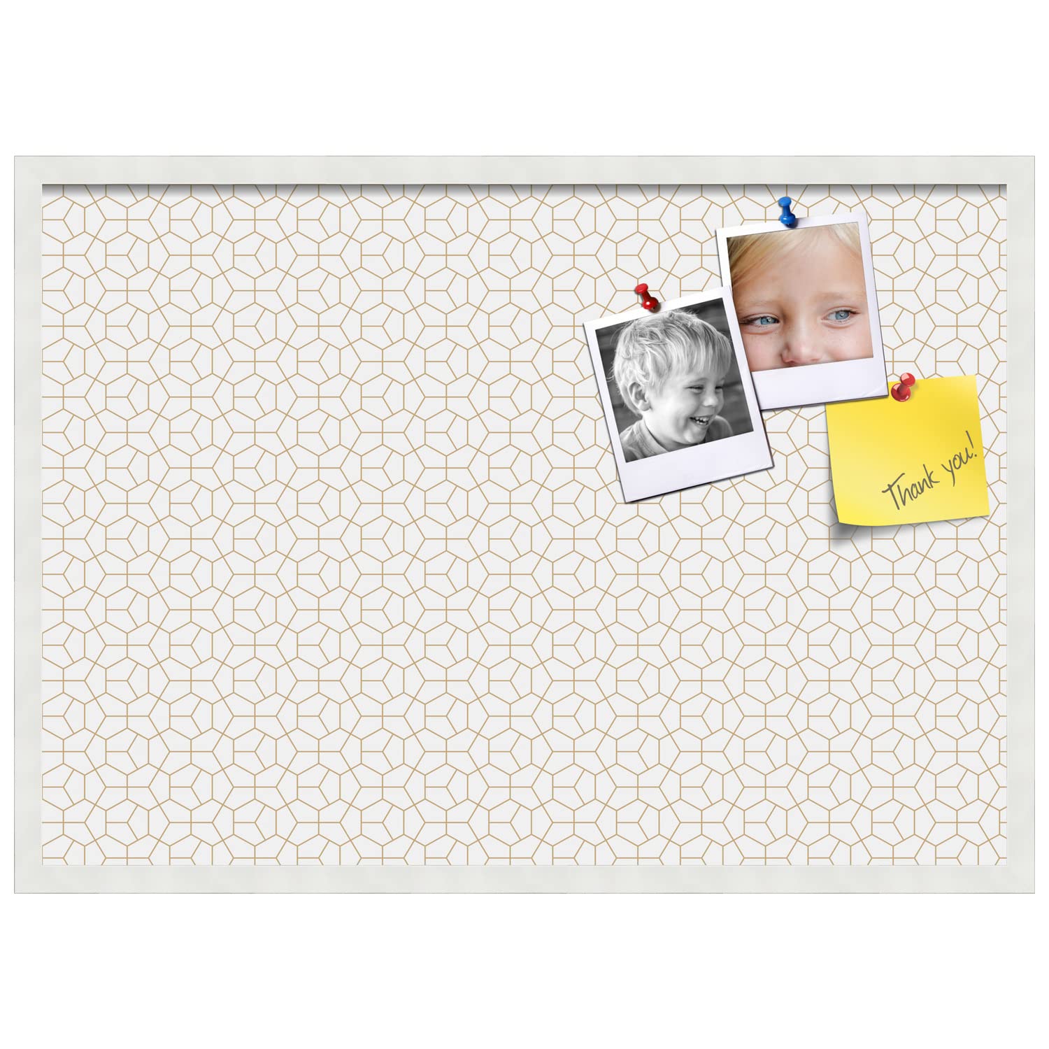 PinPix 34x24 Inch Cork Bulletin Board with Hex Gold Design & Satin White Frame - Decorative Wall Pin Board for Home Office School Decor - Perfect for Notes, Photos, Reminders & Vision Boards