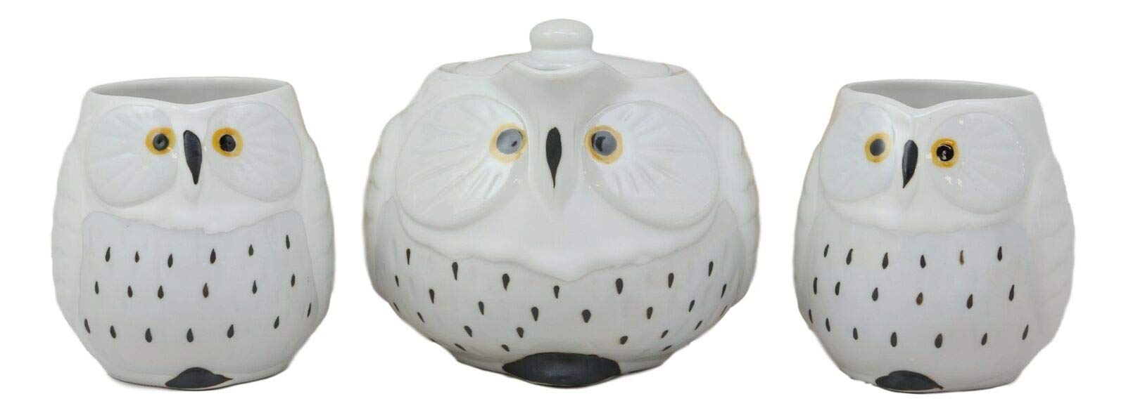HomDEc Whimsical White Fat Snow Owl Ceramic 16oz Tea Pot with 2 Cups Set - Owl Themed Tea Set for Home Decor, Gift & Afternoon Tea (Perfect for Christmas, Cottagecore & Cozy Kitchen Decor)