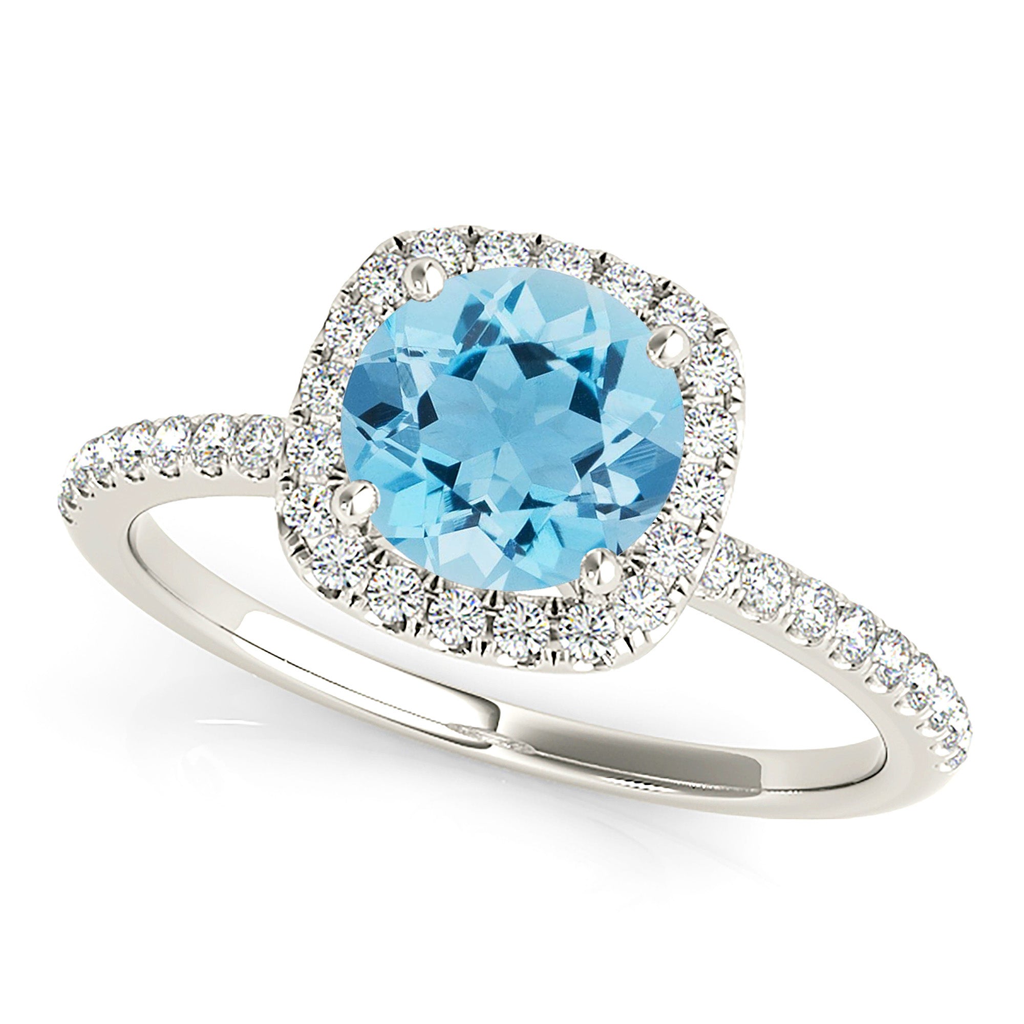 1.10 Carat Genuine Round Aquamarine Ring with Cushion Halo - Elegant Birthstone Jewelry for Women, Perfect for Engagement, Wedding & Anniversary Gifts
