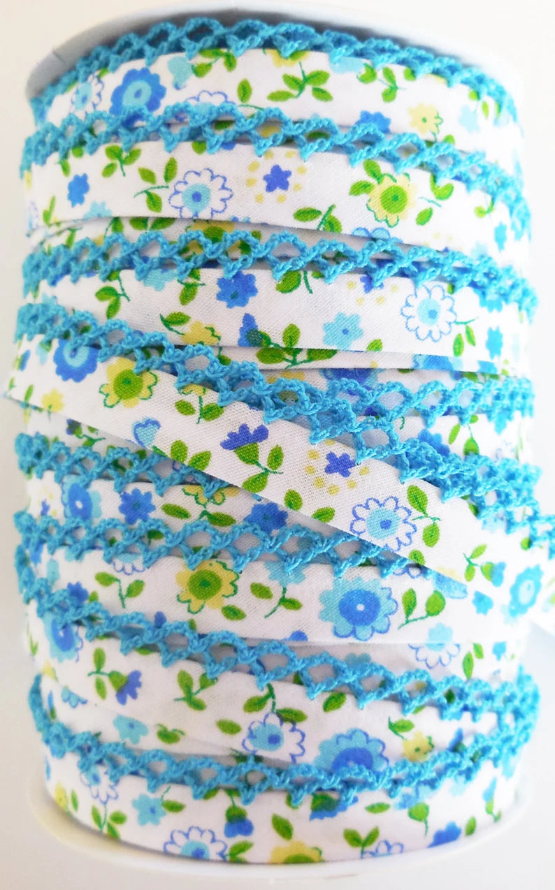 Turquoise Floral Double Fold Lace Bias Tape by the Yard - Perfect for Sewing, Quilting, and DIY Dressmaking Projects