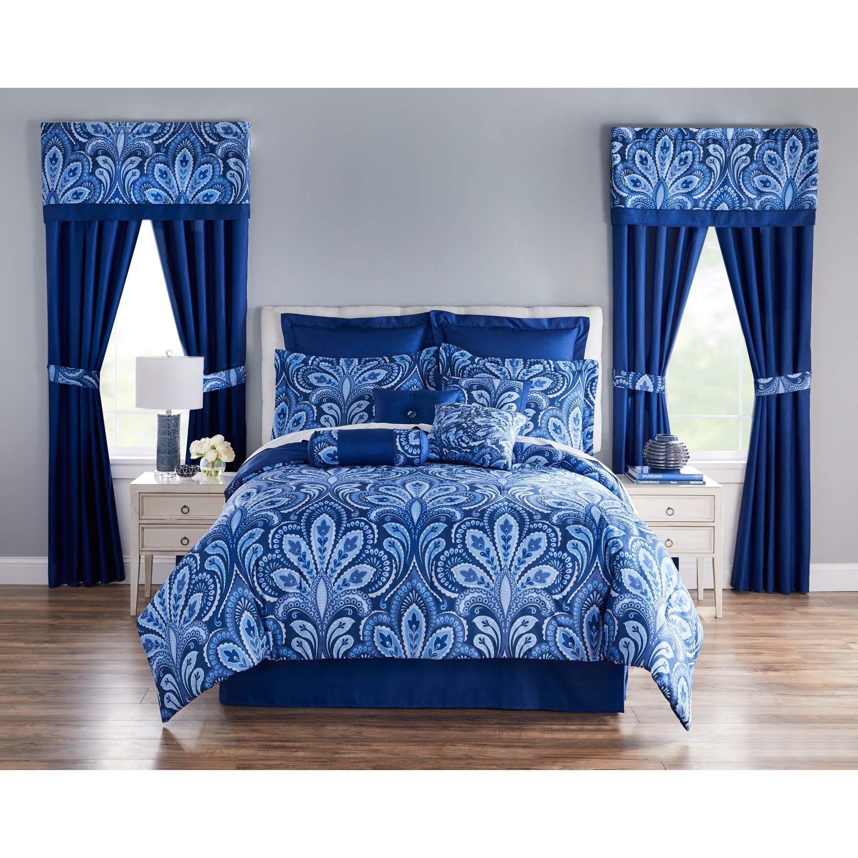 BrylaneHome James 20-Piece Comforter Set - Queen Size, Soft Blue Luxury Bedding for Master Bedroom & Guest Room Decor