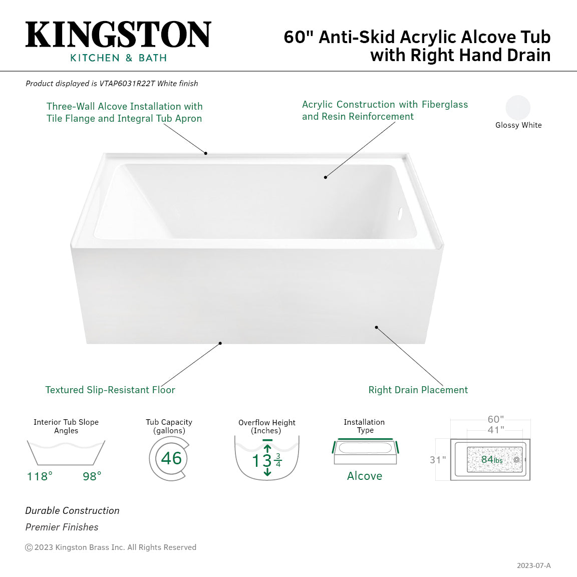 Aqua Eden VTAP6031R22T 60 Inch Acrylic Rectangular 3 Wall Alcove Bathtub with Anti-Slip Surface, Right Hand Drain, Glossy White - Perfect for Modern Bathrooms, Spa-Like Relaxation at Home
