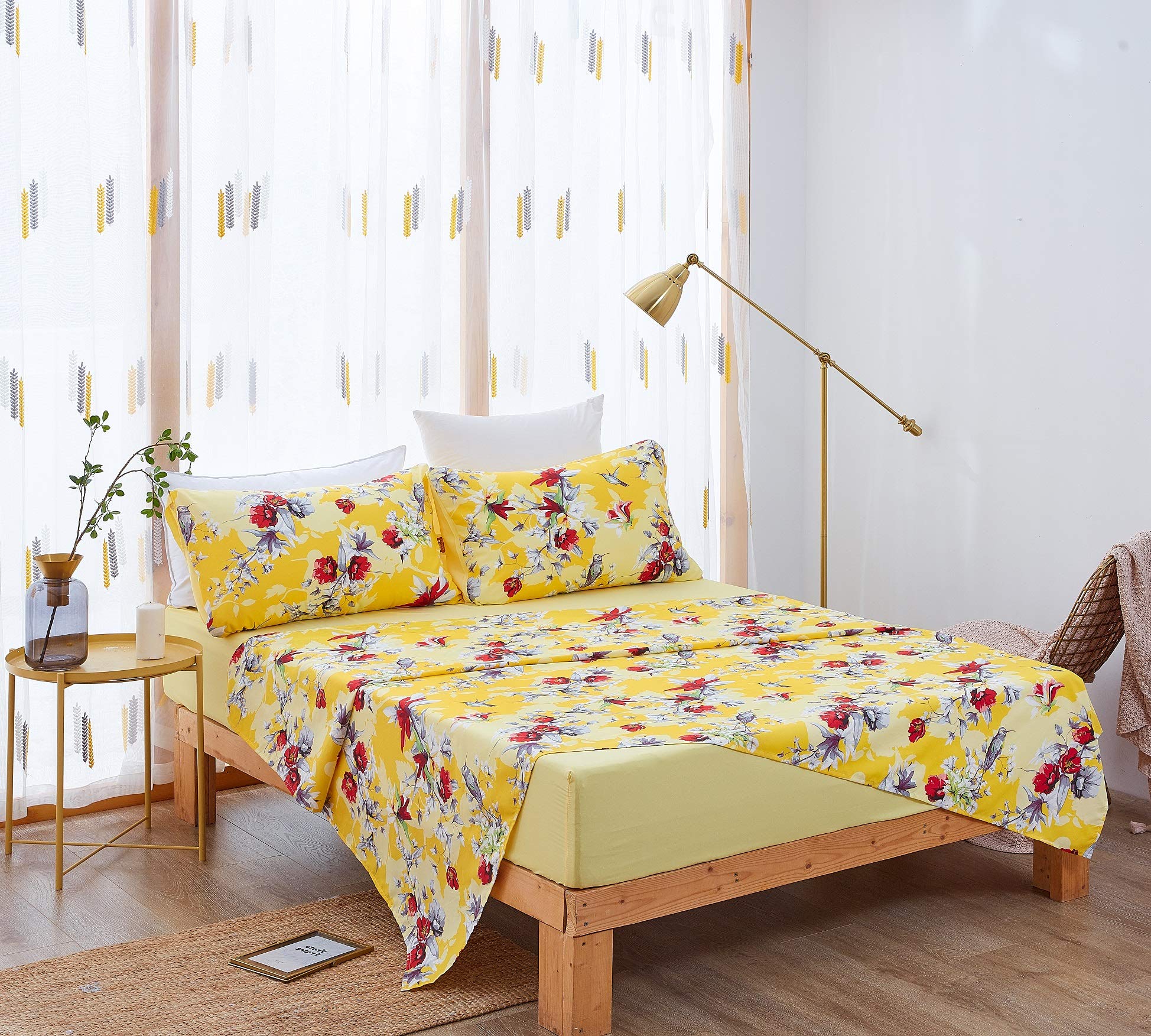 DaDalogy 9-Piece King Size Bedding Set - Yellow Hummingbird Botanical Duvet Cover, Fitted Sheet, Flat Sheet & Pillowcases with Window Curtain Valances | Soft Luxury Bed Sheets for Master Bedroom, Guest Room & Vacation Homes