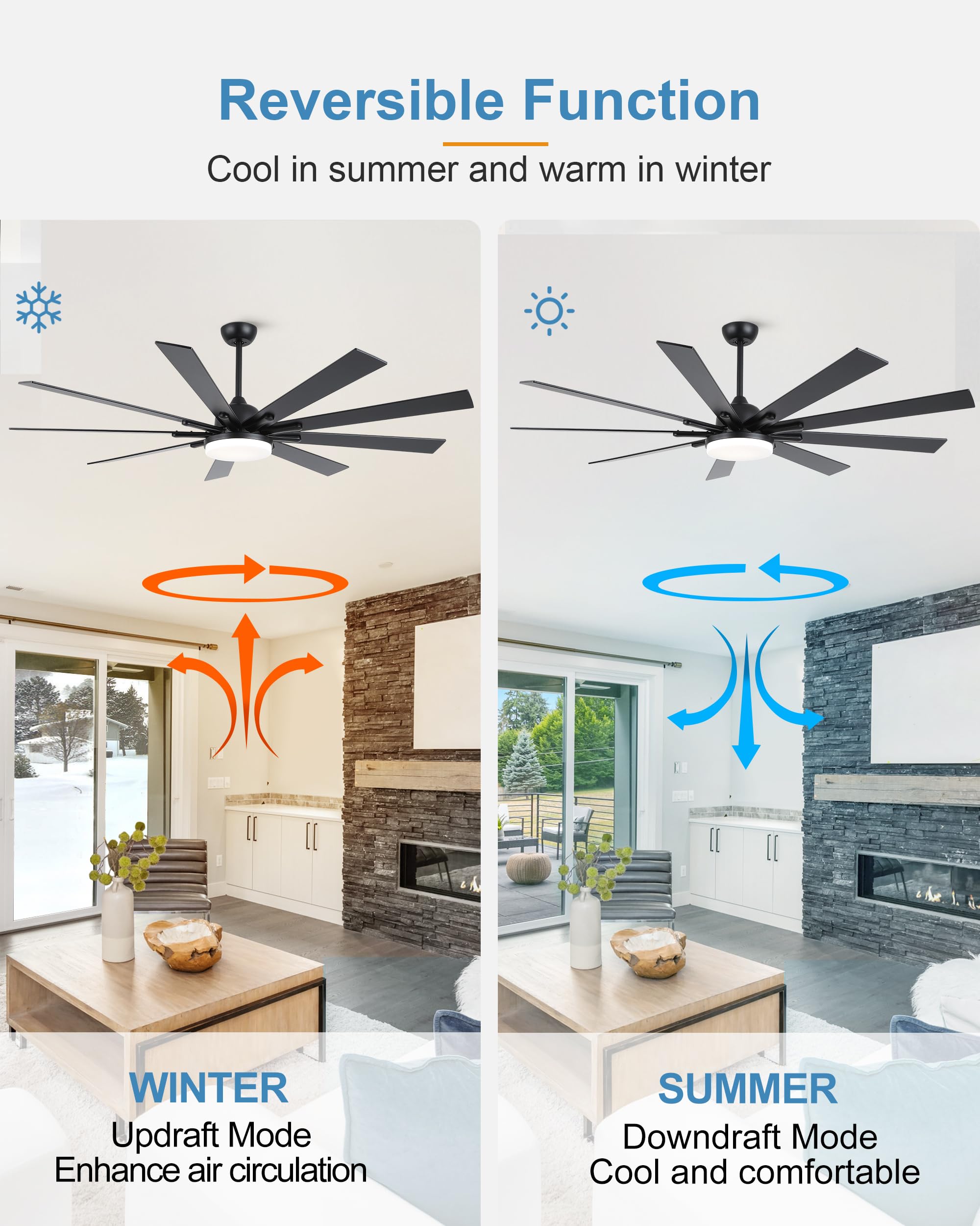 72 Inch Large Ceiling Fan with Lights and Remote Control - 9 Wooden Blades, Black - Quiet 3 CCT Dimmable LED, 6 Speed Adjustable - Perfect for Living Room, Bedroom, Patio, and Outdoor Spaces