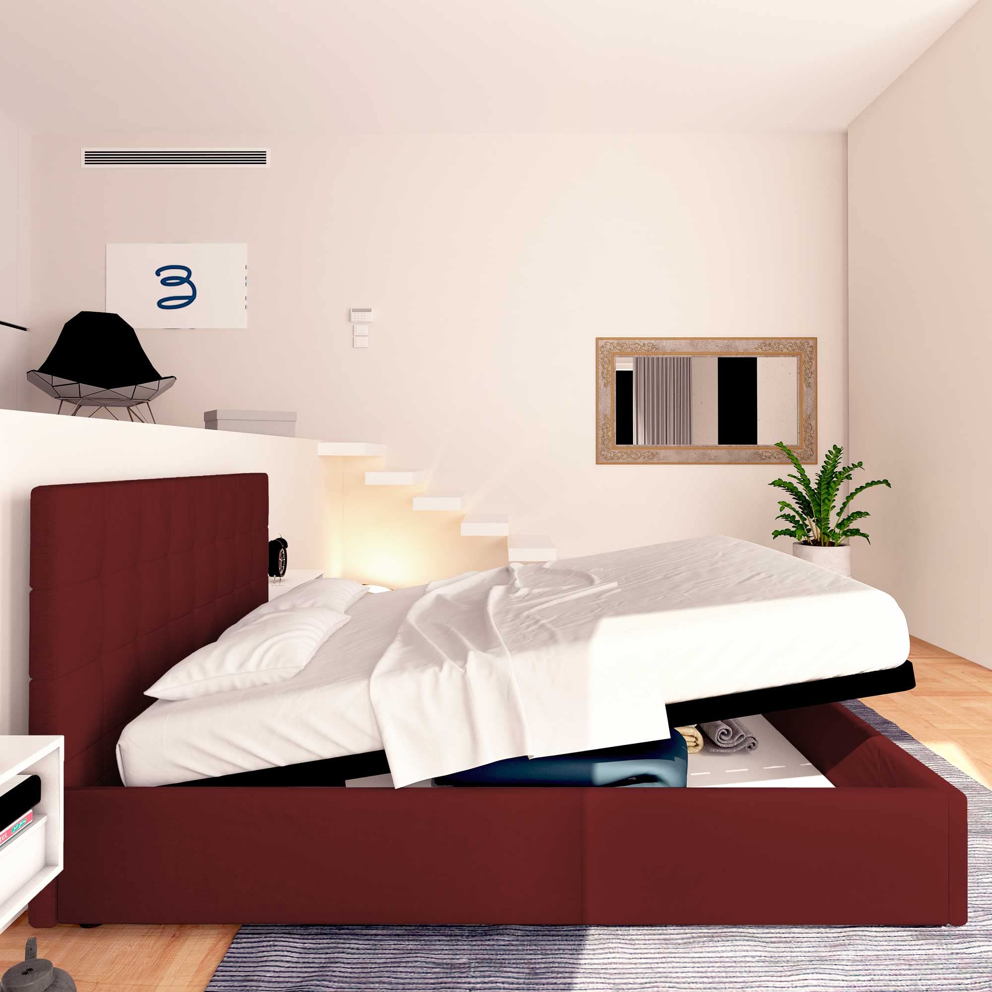Baldiflex Single Bed with Storage - Synthetic Leather Dublin Model, Slatted Base for Single Mattress, 180 x 190 cm, Elegant Headboard, Burgundy Color - Perfect for Small Bedrooms, Guest Rooms & Studio Apartments