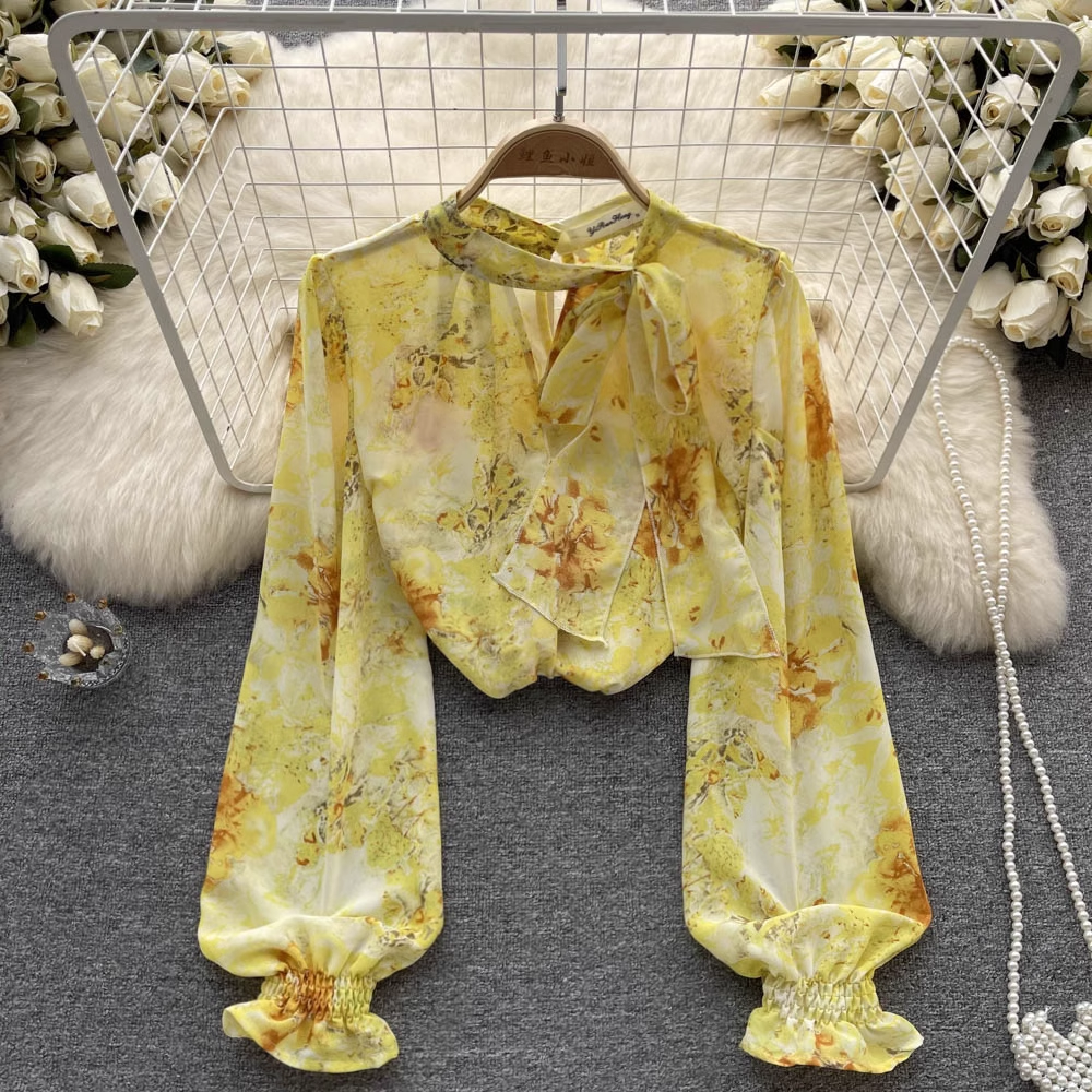 Stylish Puff Sleeve Printed Chiffon Blouse - Elegant Long Sleeve Women's Top for Work, Date Night & Special Occasions | Trendy Floral Shirt for Spring & Summer Outfits