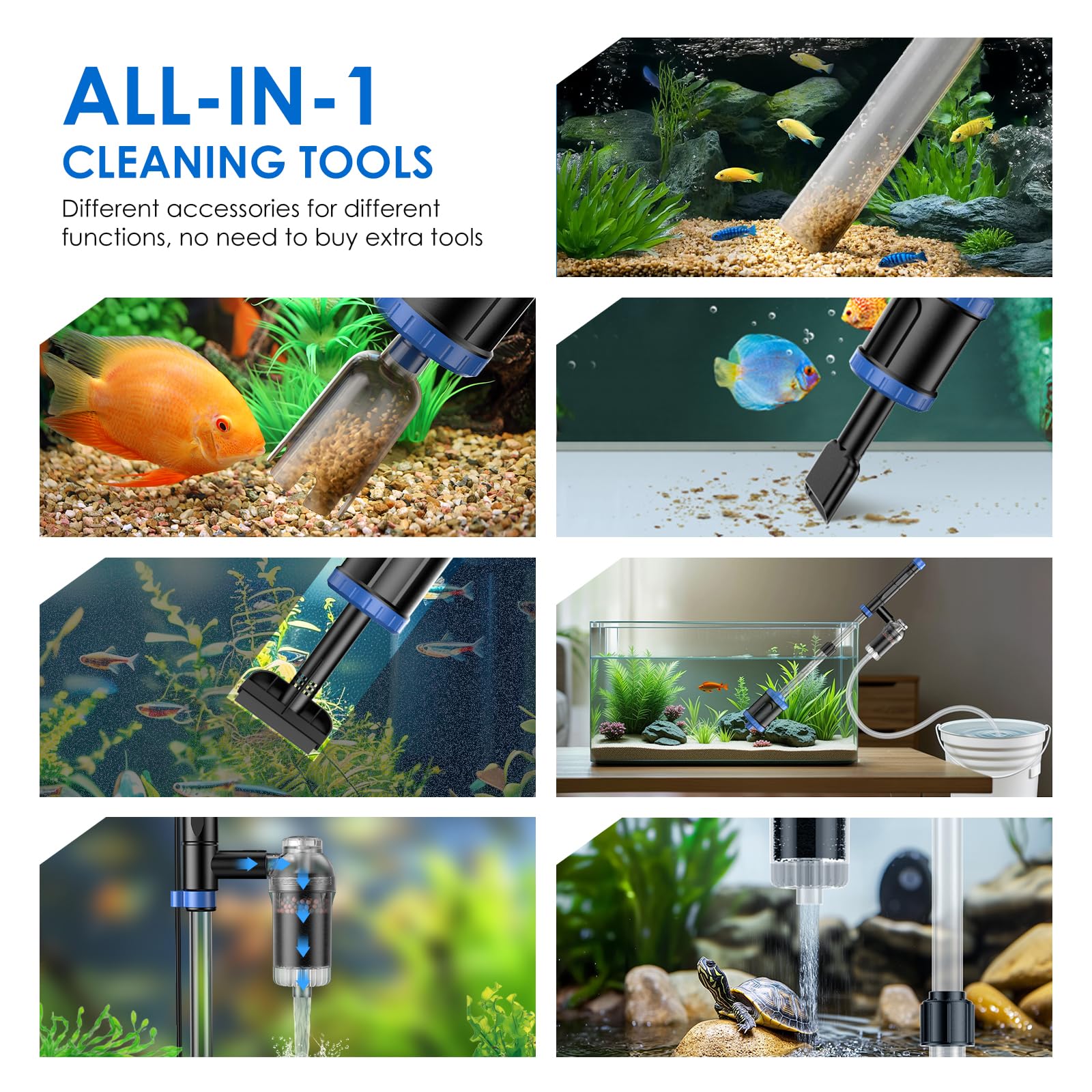 4-in-1 Aquarium Siphon Vacuum Cleaner - Manual Fish Tank Gravel Cleaner for Water Changes, Sand Cleaning & Waste Removal | Perfect for Freshwater & Saltwater Tanks, Home Aquarium Maintenance
