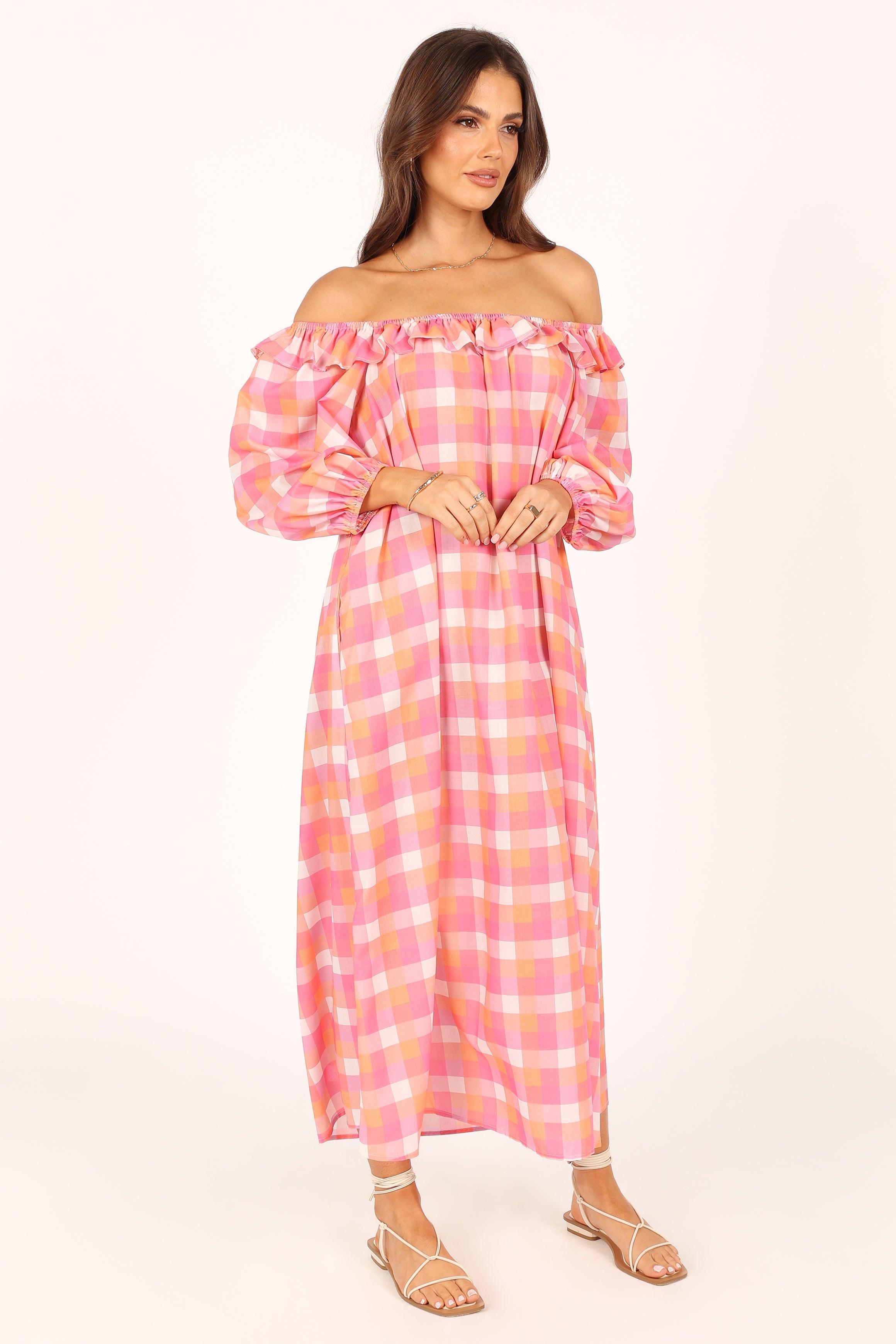 Georgia Off Shoulder Midi Dress - Pink Gingham Floral Summer Dress for Women, Perfect for Beach Vacation, Date Night & Outdoor Parties