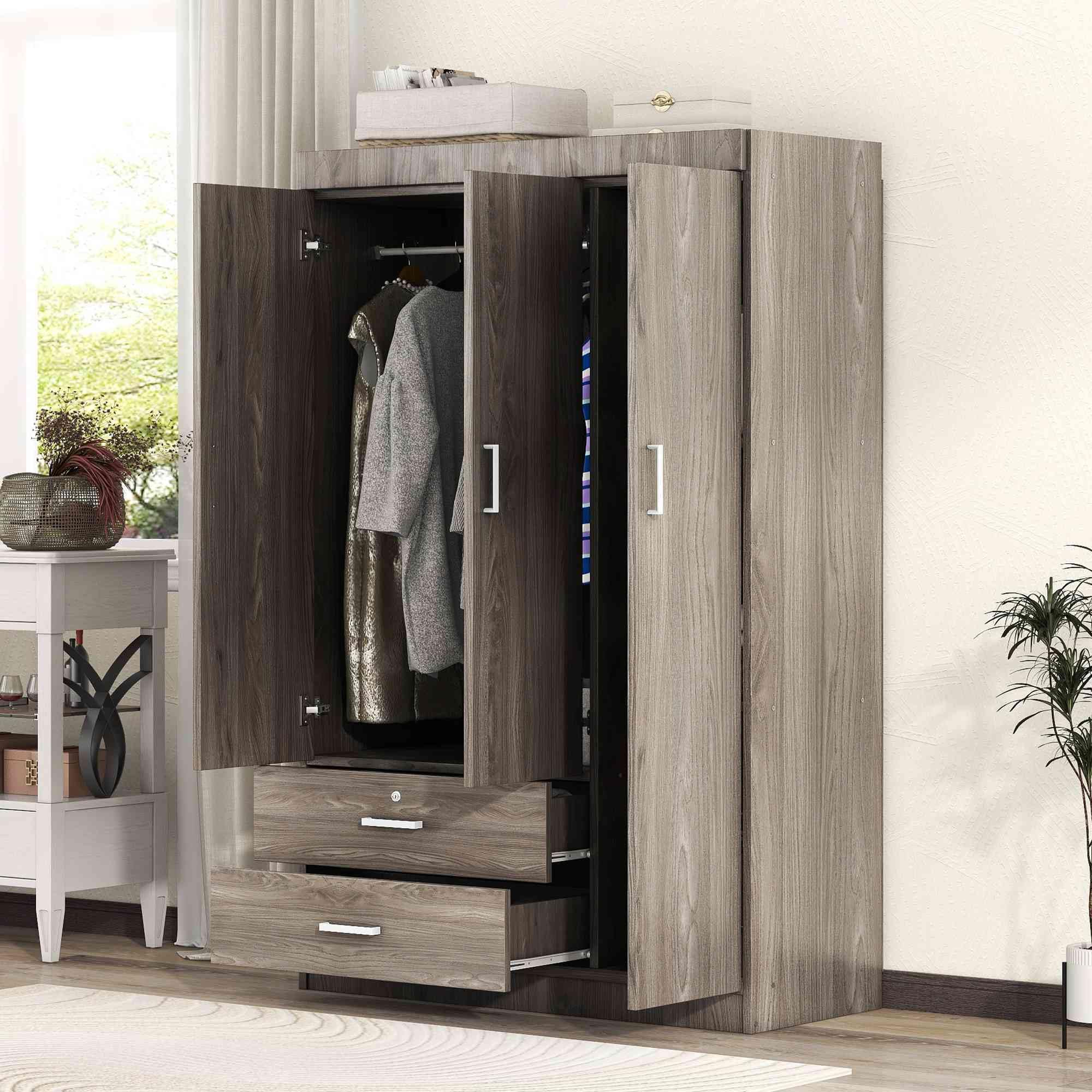ATY Wooden 3-Door Wardrobe Closet with 2 Drawers & Shelves, Freestanding Clothes Storage Cabinet with Hanging Rail - Gray Armoire Organizer for Bedroom, Closet, Dorm Room & Home Office Storage Solution