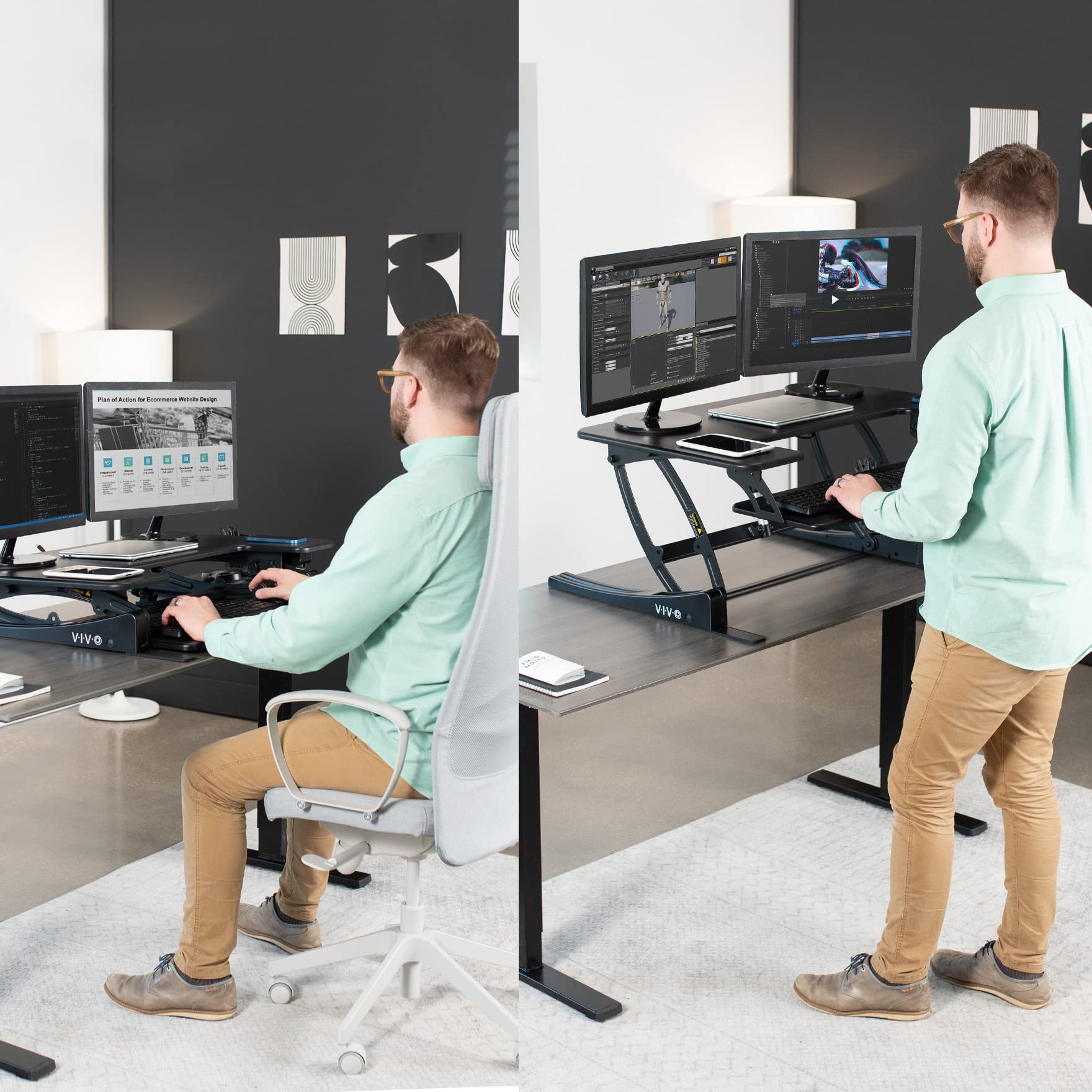VIVO 36 Inch Electric Height Adjustable Standing Desk Converter | VE Series Sit Stand Workstation with Dual Monitor Riser & USB Port | Black DESK-V000VE | Perfect for Home Office, Gaming & Workspace Ergonomics