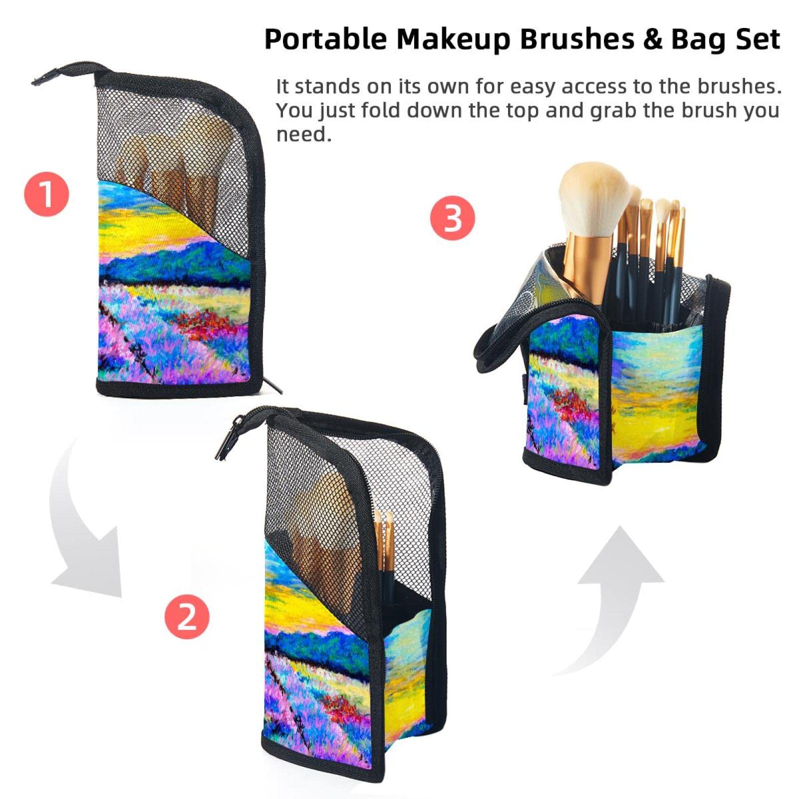 Premium Makeup Brush Organizer Bag with 12 Slots - Lavender Fields Oil Painting Design - Portable Travel Cosmetic Brush Holder Case for Professional Makeup Artists & Beauty Enthusiasts - Perfect for Home, Travel & Salon Use