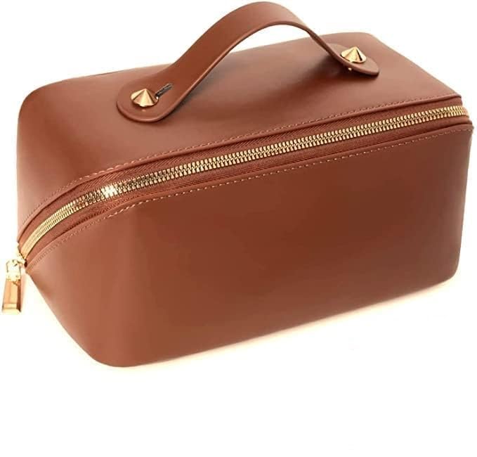 Leather Makeup Travel Bag - Waterproof Cosmetic Organizer with Handle for Women | Perfect for Vacation & Daily Use