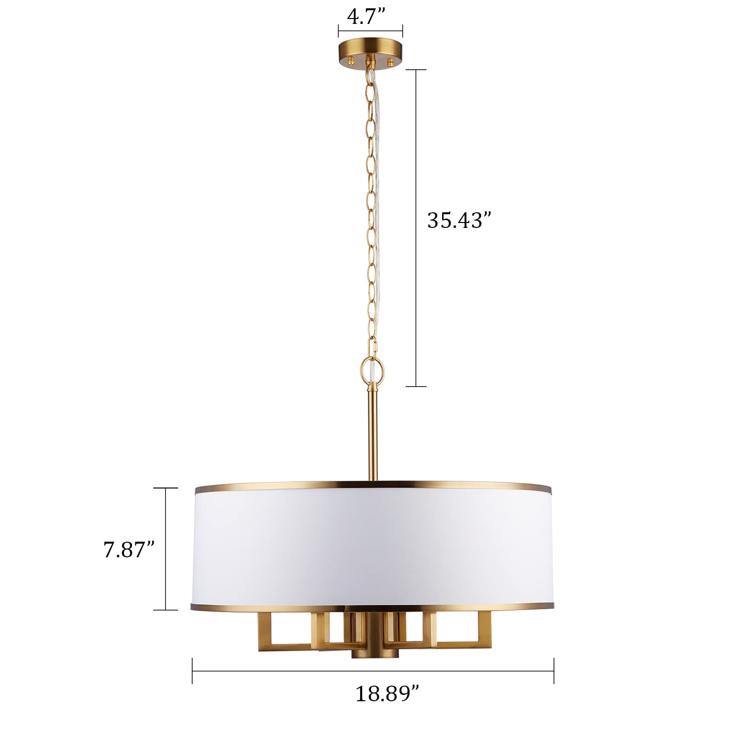 19 Inch 5-Light Adjustable Gold Drum Chandelier - Modern Brass Metal Ceiling Light with White Plastic Shades for Bedroom, Living Room, Dining Room - Perfect for Home Decor, Wedding, Restaurant Lighting