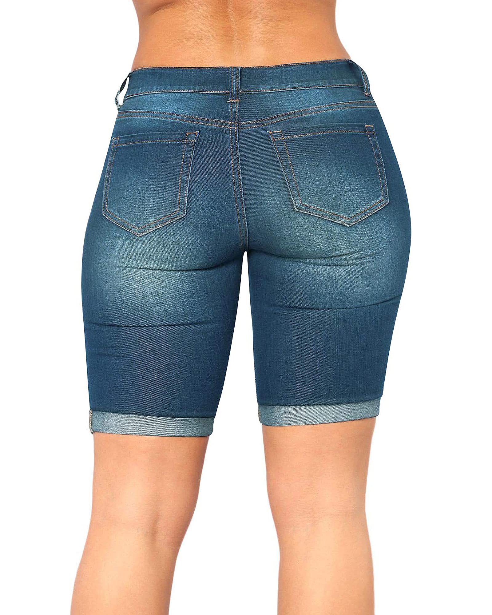 Roswear Women's Distressed Denim Shorts - Ripped Knee-Length Stretchy Jean Shorts for Women | Perfect for Summer Outfits, Casual Wear & Beach Vacations