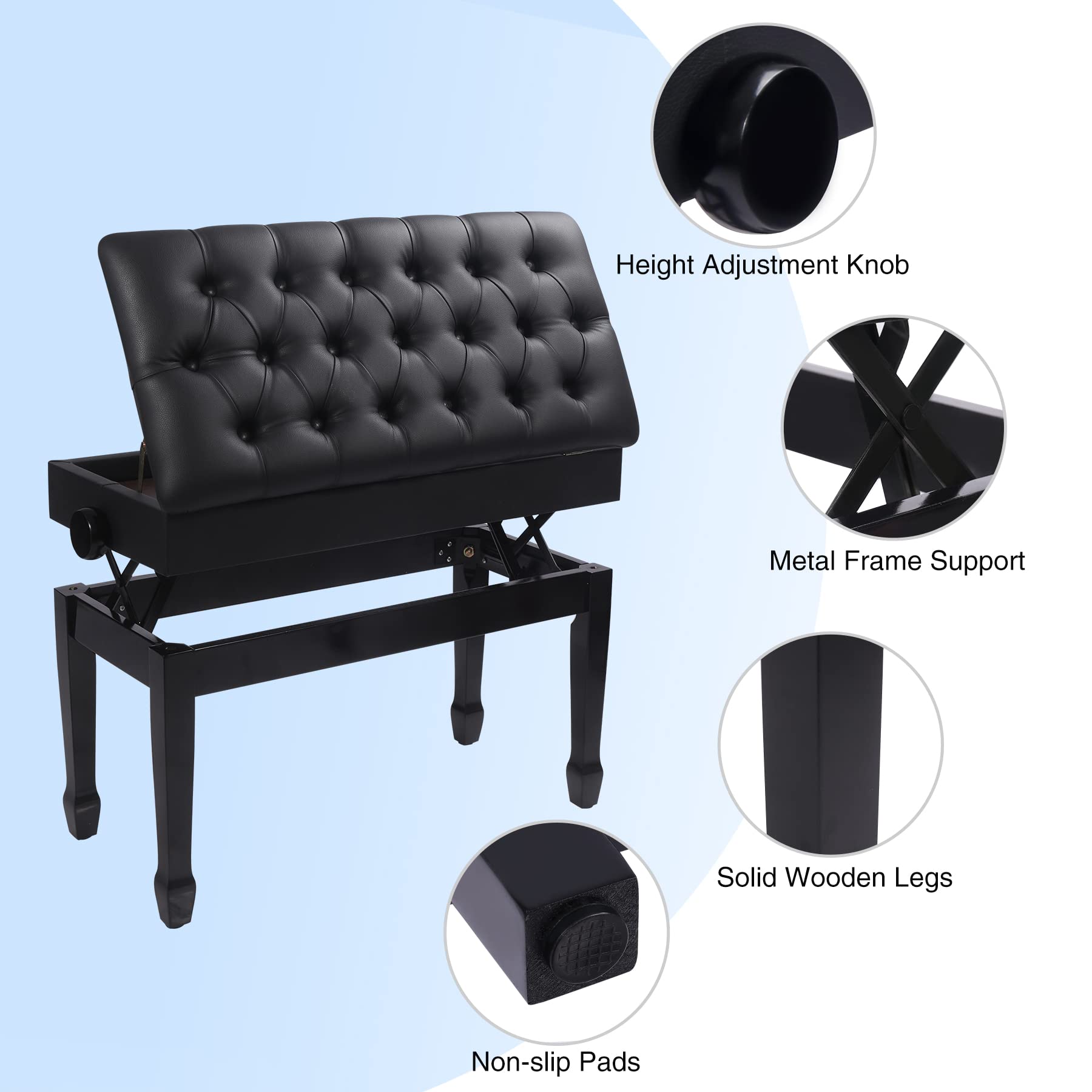 Adjustable Duet Piano Bench with Storage - Heavy Duty Wooden Double Keyboard Bench Seat with PU Leather Cushion - Black - Perfect for Piano Players, Music Teachers & Home Studios