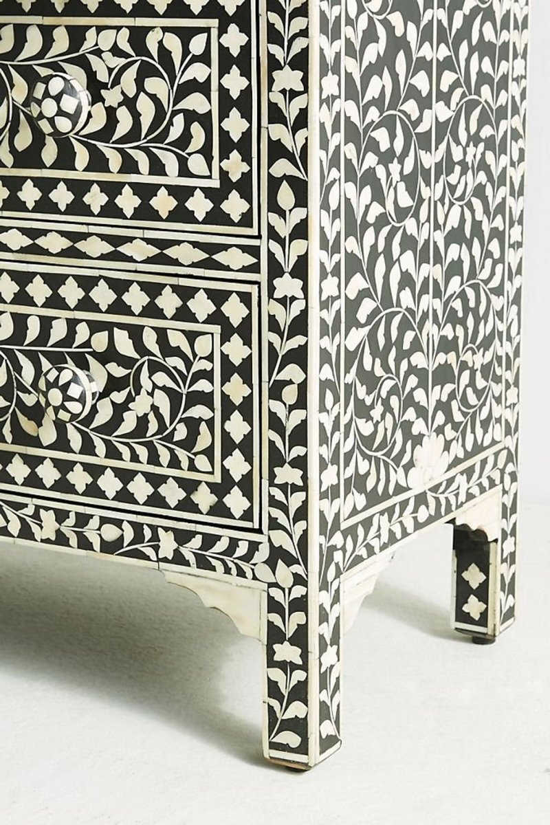 Handmade Bone Inlay Dresser with 3 Drawers - Black & White Vintage Style Wooden Chest for Bedroom, Living Room & Entryway Storage