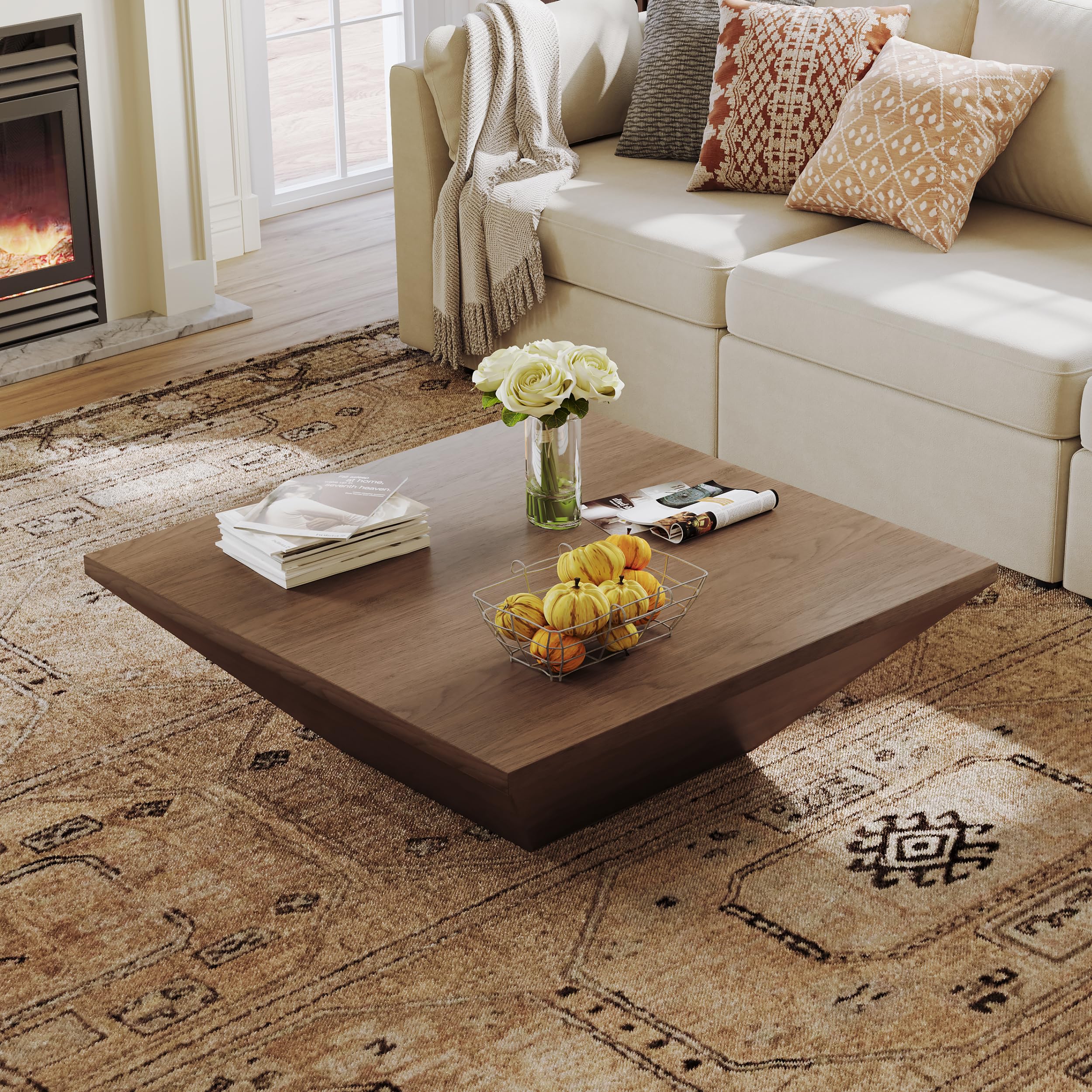 Modern Square Coffee Table with Storage Drawers - 39.4