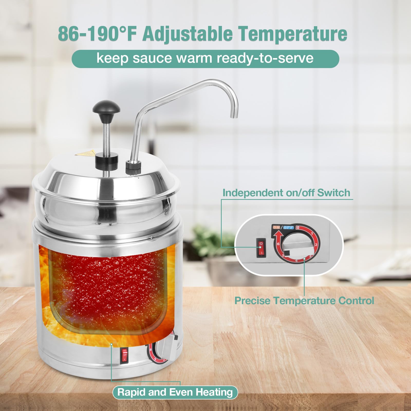 Commercial Electric Hot Fudge Dispenser with Temperature Control - 7QT Round Nacho Cheese Warmer with Stainless Steel Pot & Pump - Perfect for Buffets, Cake Shops, Restaurants & Home Kitchens - 110V/200W - Ideal for Melting Chocolate, Serving Cheese Fondue & Keeping Sauces Warm