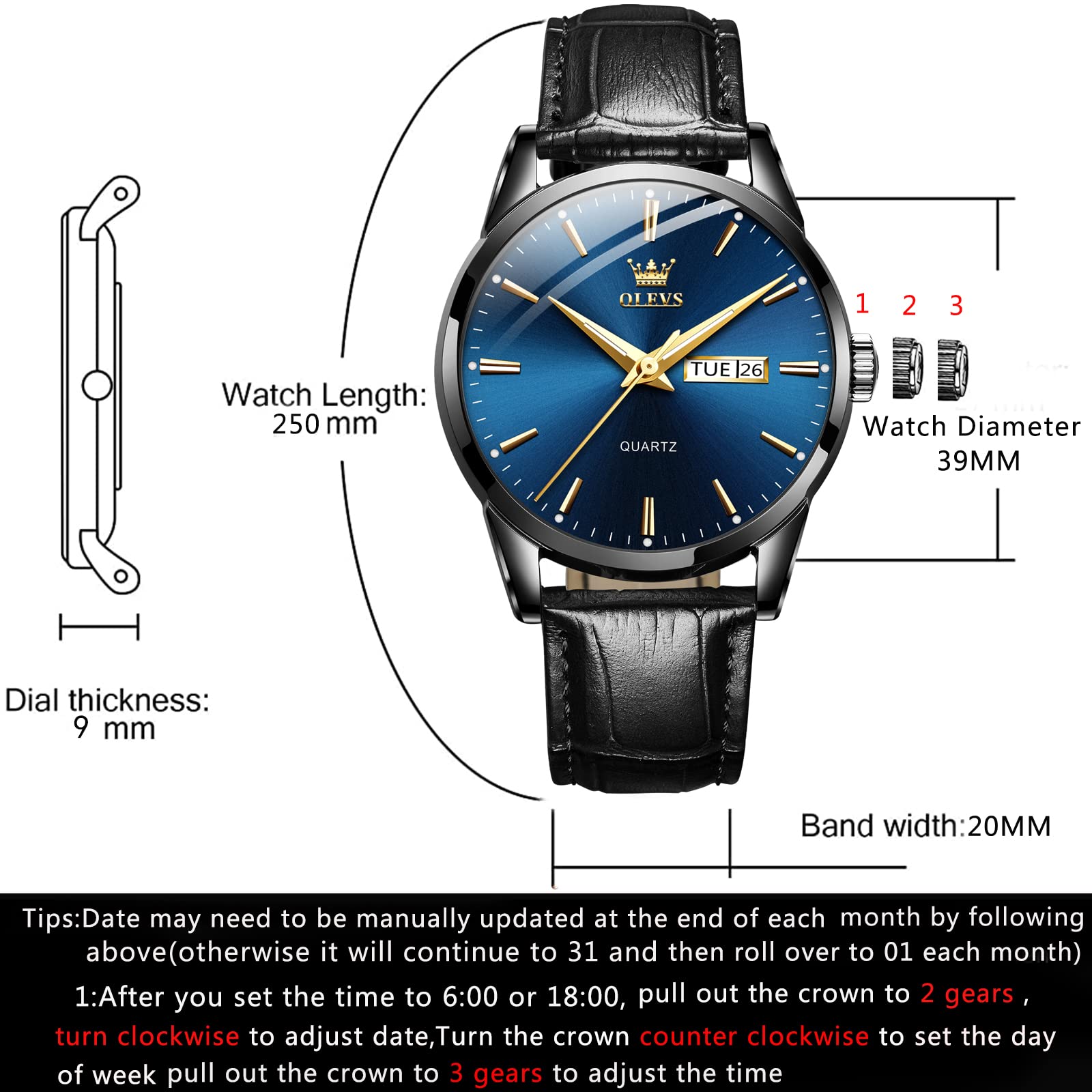 OLEVS Men's Brown Leather Watch with Luminous Hands, Rose Gold Day Date Quartz Dress Watch - Waterproof & Stylish for Business, Casual & Formal Occasions