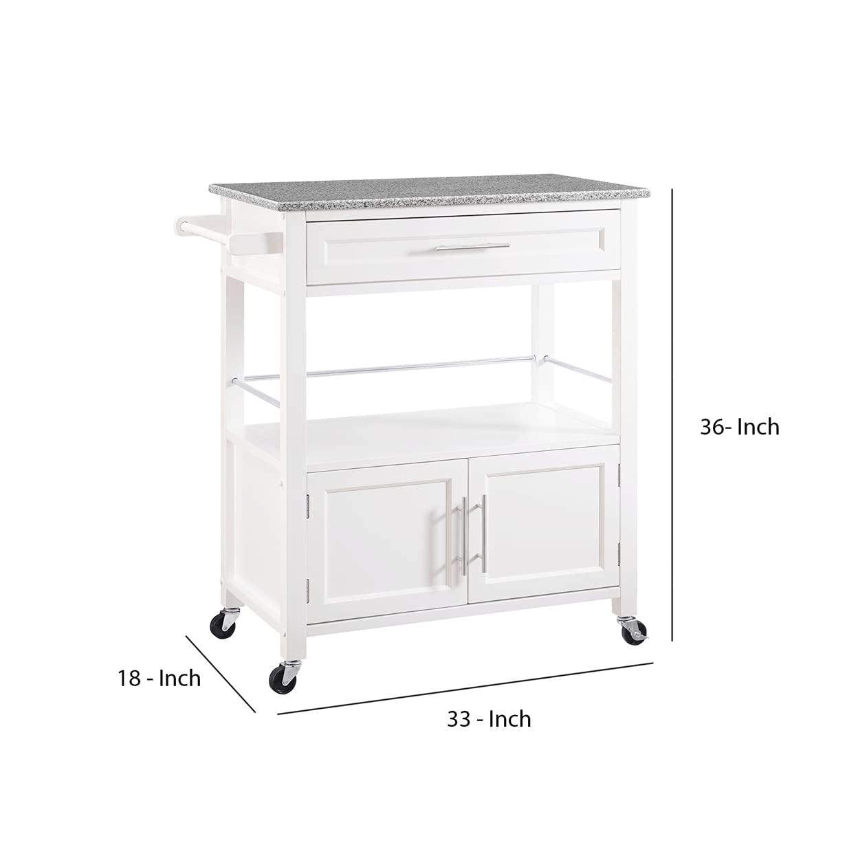 Linon Cameron White Wooden Rolling Kitchen Cart with Granite Top - Ample Storage Space for Small Kitchens, Dining Rooms & Pantry Organization