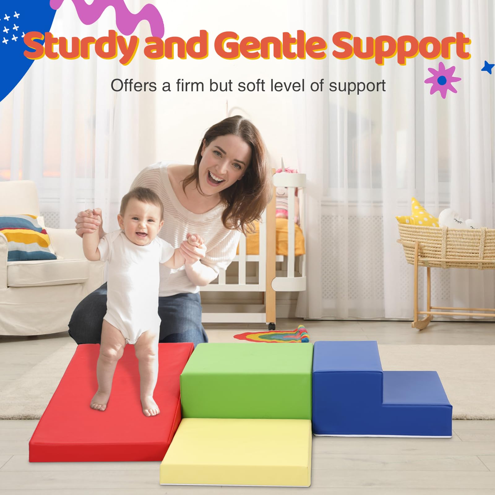 4-Piece Soft PU Leather Baby Foam Climbing Blocks Set for Toddlers - Non-Toxic Play Gym Toys for Crawling, Sliding & Learning - Indoor Activity Blocks (Red, Yellow, Blue) for Nursery, Playroom & Daycare