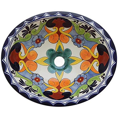 Authentic Talavera Mexican Handmade Hand-Painted Ceramic Bathroom Sink - Medium Size #208 - Perfect for Southwestern Style Bathrooms & Kitchen Decor