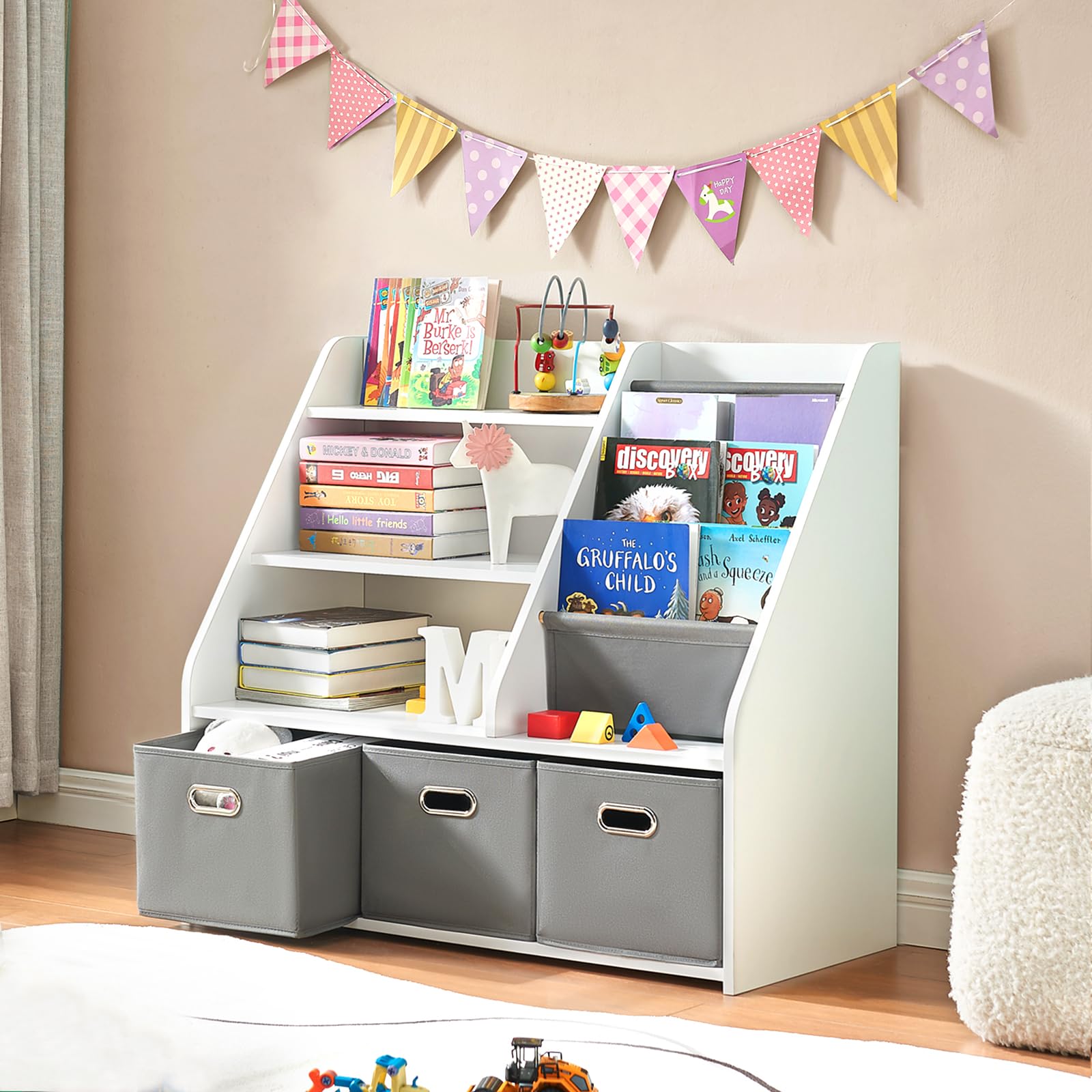 EFURDEN Kids Bookshelf & Toy Storage Organizer - White Wooden Book Display Shelf with Storage Bins for Bedroom, Playroom, Nursery & Classroom - Perfect for Organizing Children's Books, Toys and Learning Supplies