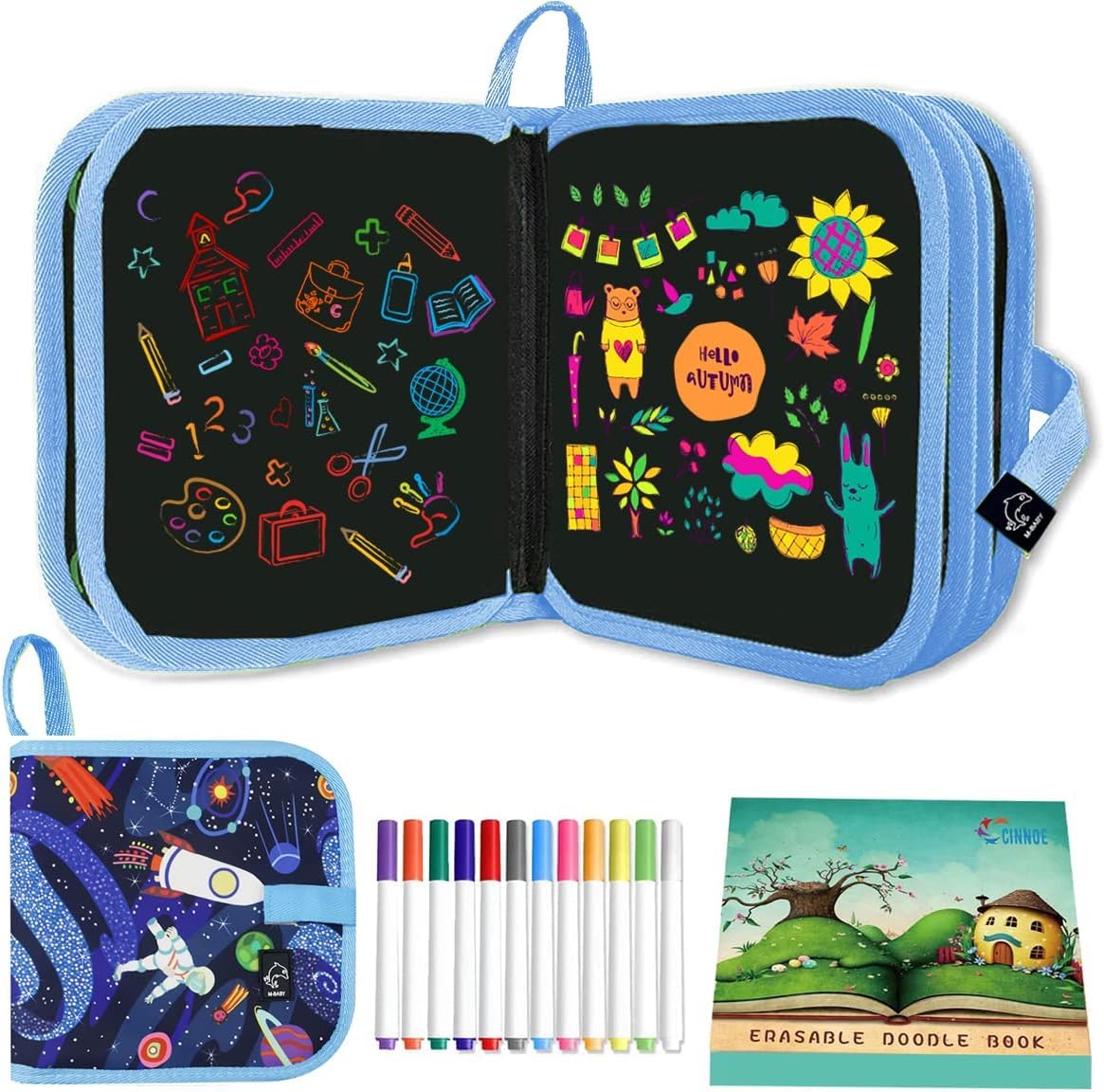 **Reusable Erasable Doodle Book for Kids & Toddlers - 12 Watercolor Pens Included | Travel Art Toy, Preschool Activity, Road Trip Car Game | Perfect for Drawing, Writing & Creative Play at Home or On-the-Go**