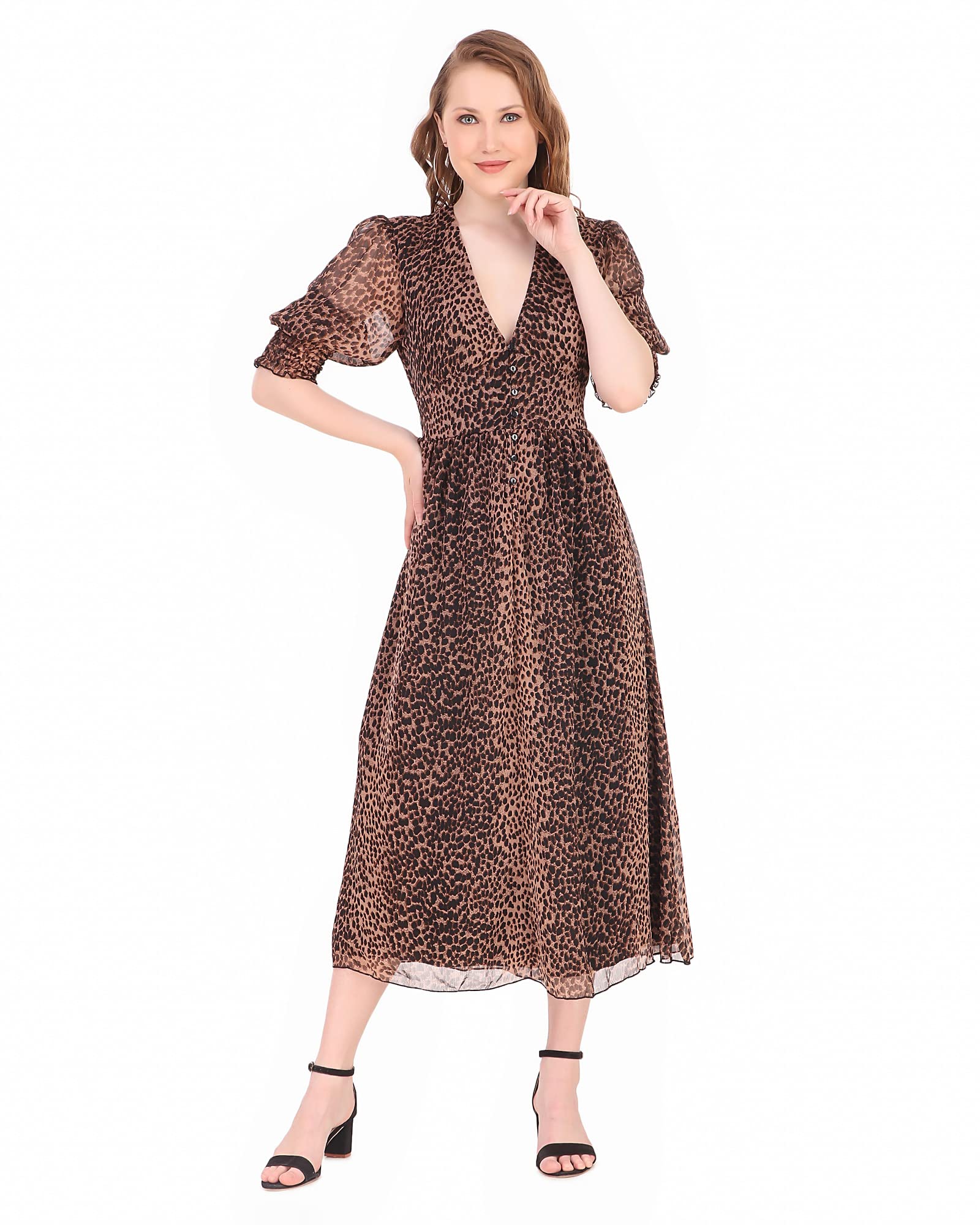 BoheeWohee Women's Boho CottageCore Smoked Floral Print Midi Dress - Lightweight Chiffon Summer Dress for Beach, Vacation & Casual Outings
