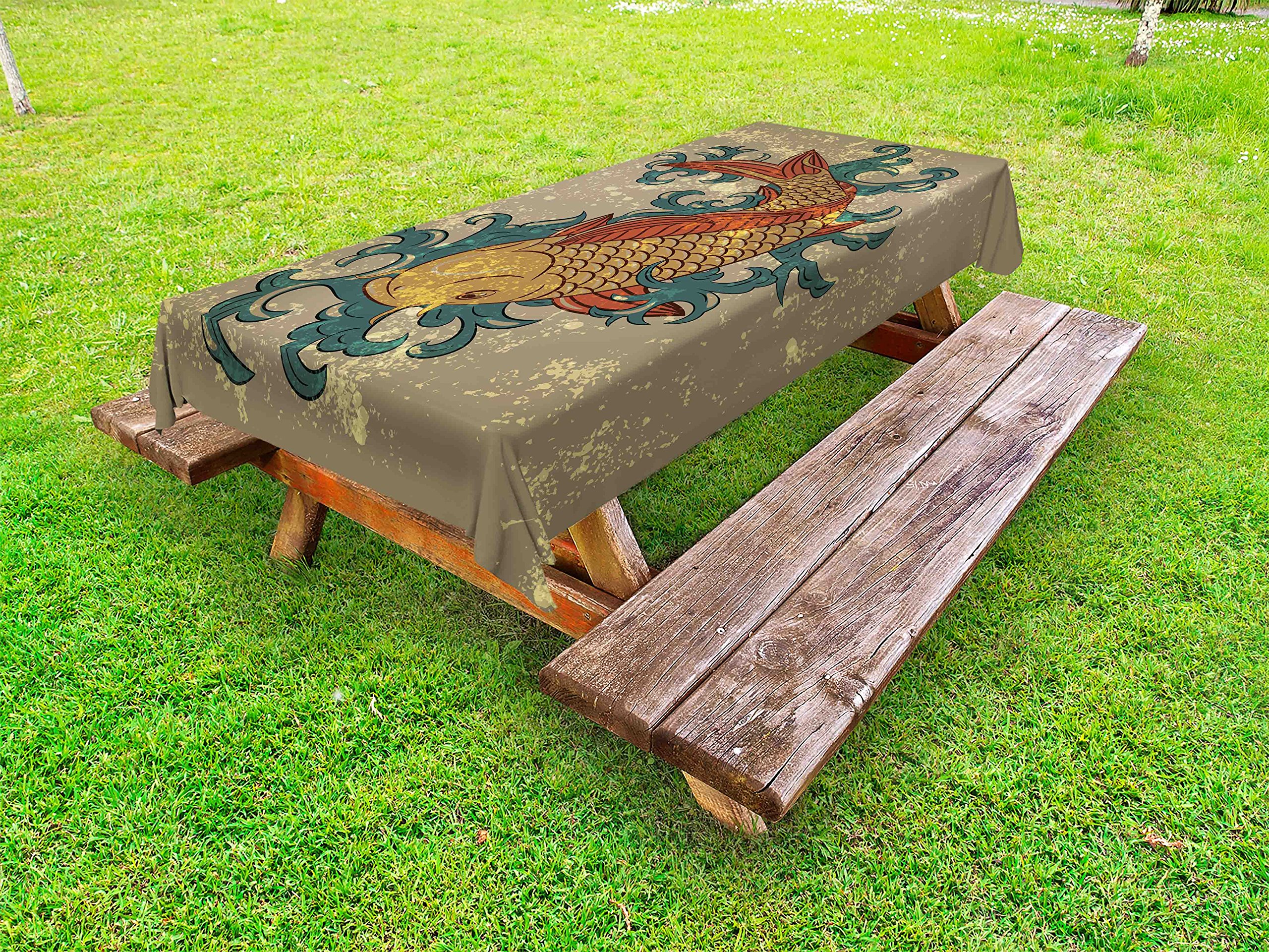 Ambesonne Japanese Koi Fish Tablecloth - Grunge Style Oriental Water Carp Design, Distressed Aquatic Pattern, Washable Picnic Table Cover 58x84 Inches, Multicolor - Perfect for Outdoor Dining, Garden Parties & Asian-Themed Decor