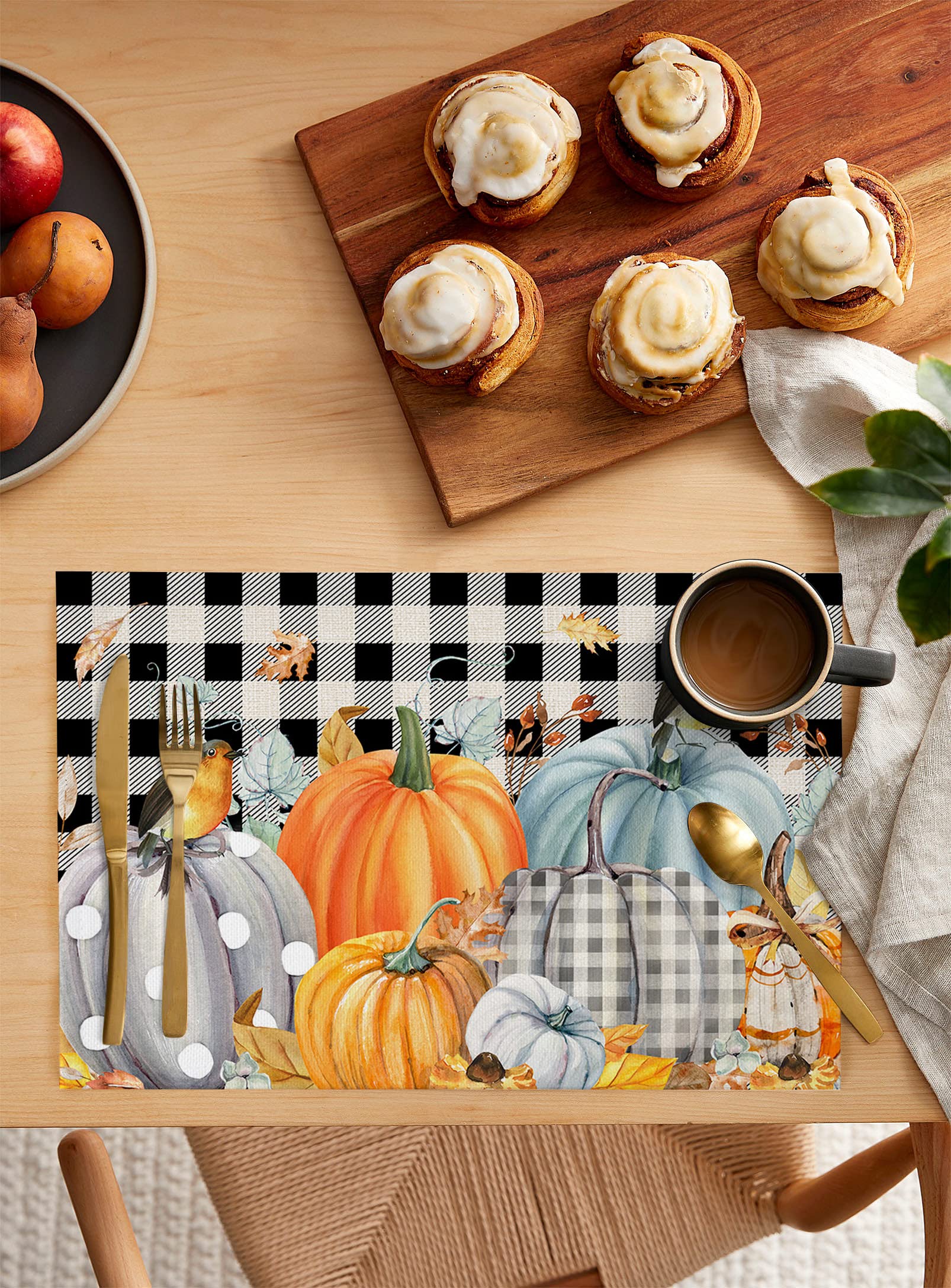 Thanksgiving Placemats Set of 4 - Pumpkin Maple Leaf Bird Design Washable Table Mats for Dining Room & Kitchen Decor | Fall Dinner Table Decorations | Perfect for Thanksgiving Dinner, Autumn Gatherings & Holiday Home Decor