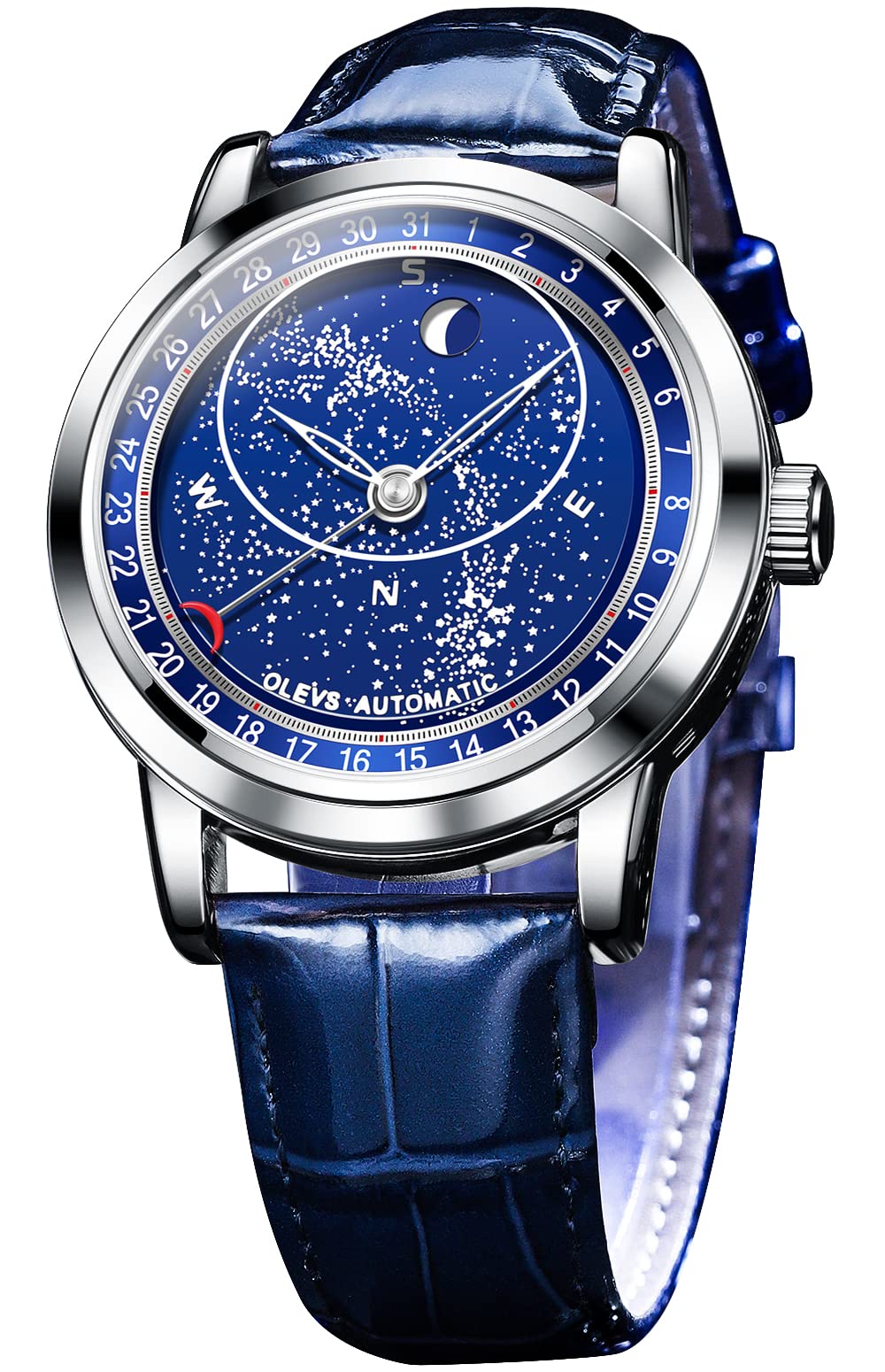 OLEVS Men's Automatic Mechanical Watch - Starry Sky Moon Phase, Blue Leather Strap, Waterproof, Luminous - Luxury Dress Watch for Business, Formal Events & Gifts