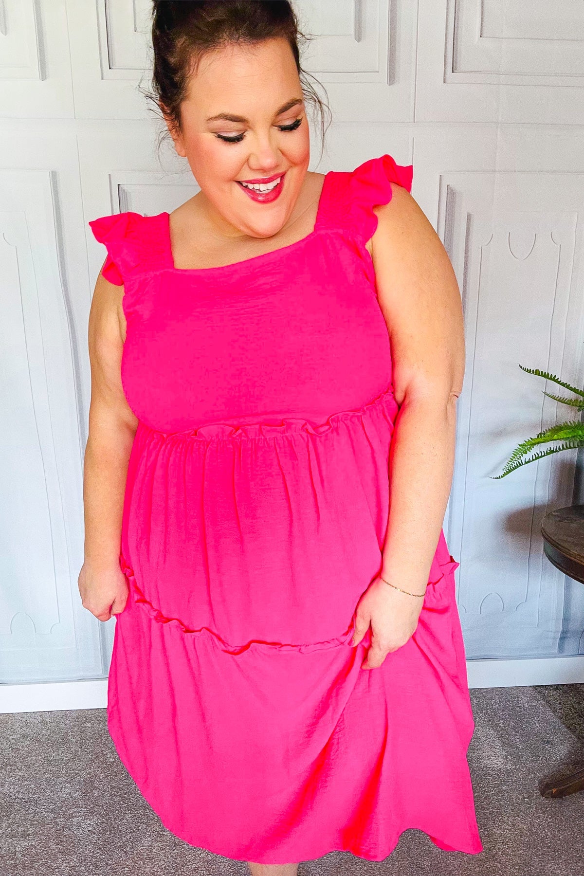 Fuchsia Smocked Flutter Sleeve Tiered Midi Dress for Women - Elegant Summer Casual & Wedding Guest Outfit