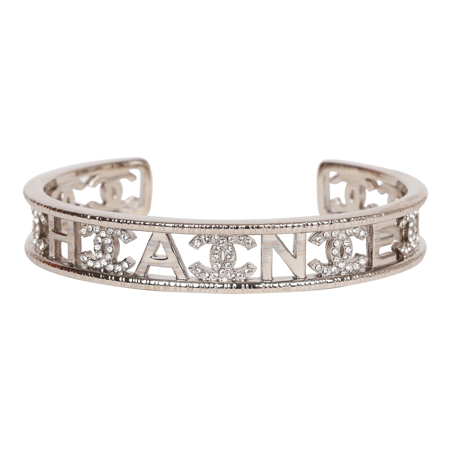 Chanel CC Logo Crystal Silver Cuff Bracelet for Women - Elegant Luxury Jewelry Gift for Parties, Weddings & Special Occasions