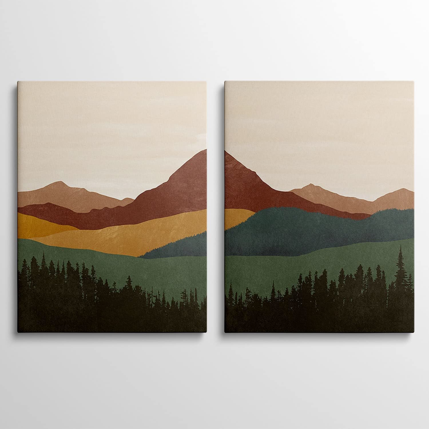 Mid Century Boho Minimalist Canvas Prints - Set of 2 Framed Wall Art (24x36 inch) - Modern Mountain & Abstract Landscape Paintings for Living Room, Bedroom, Dining Room Decor | Perfect for Bohemian Home Styling & Nature-Inspired Interior Design