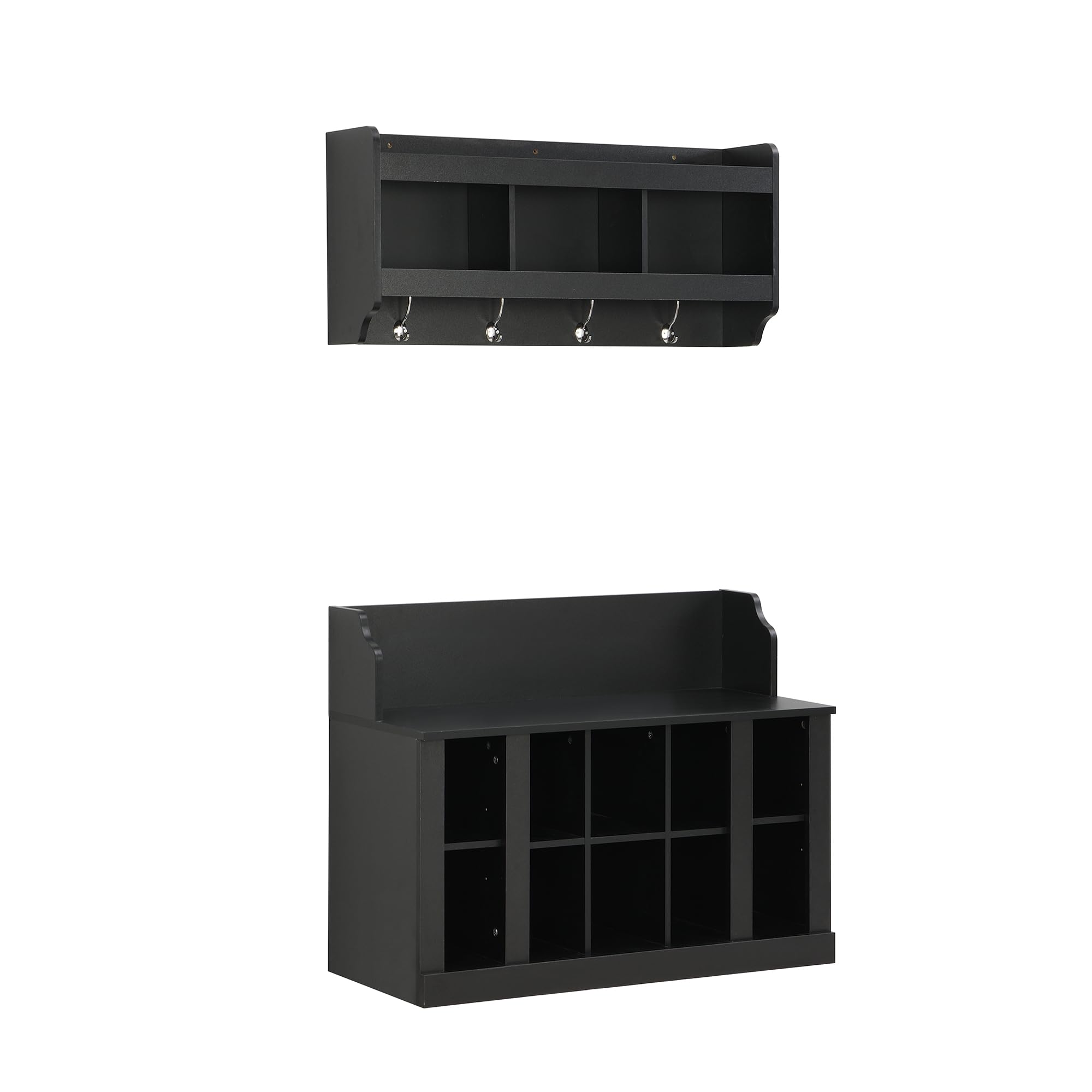 Modern Hall Tree Entryway Organizer - Coat Rack Shoe Storage Bench with Shelves & 4 Hooks, Wall Mounted Mudroom Furniture for Coats, Shoes & Accessories - Perfect for Entryways, Hallways & Small Spaces (Black)