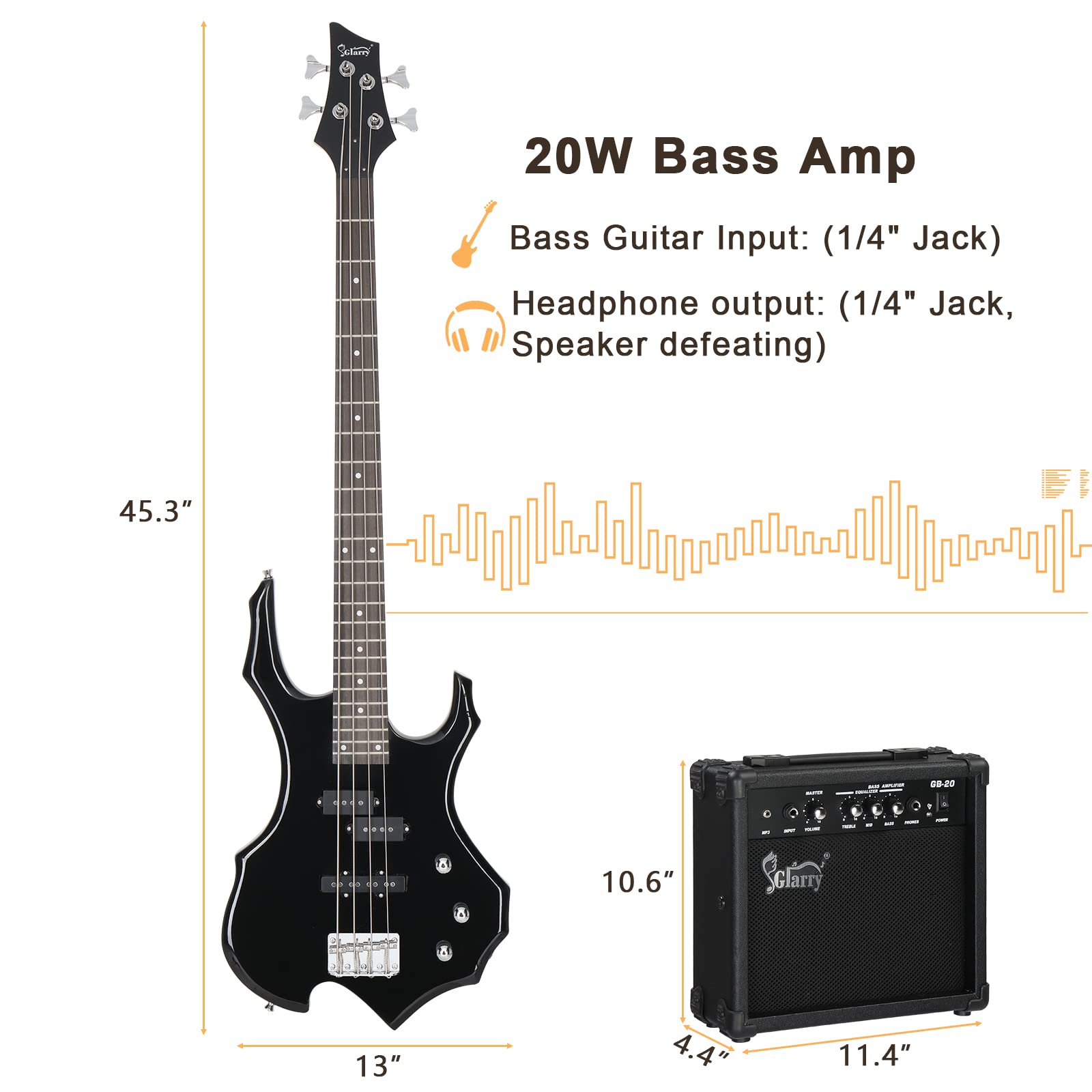 GLARRY Electric Bass Guitar 4 Strings - Burning Fire Style with Single Coil & Split Pickups for Beginners & Adults (Right Hand) - Includes 20W Amp, Gig Bag, Strap & Cable (Black) - Perfect for Rock, Metal & Live Performances