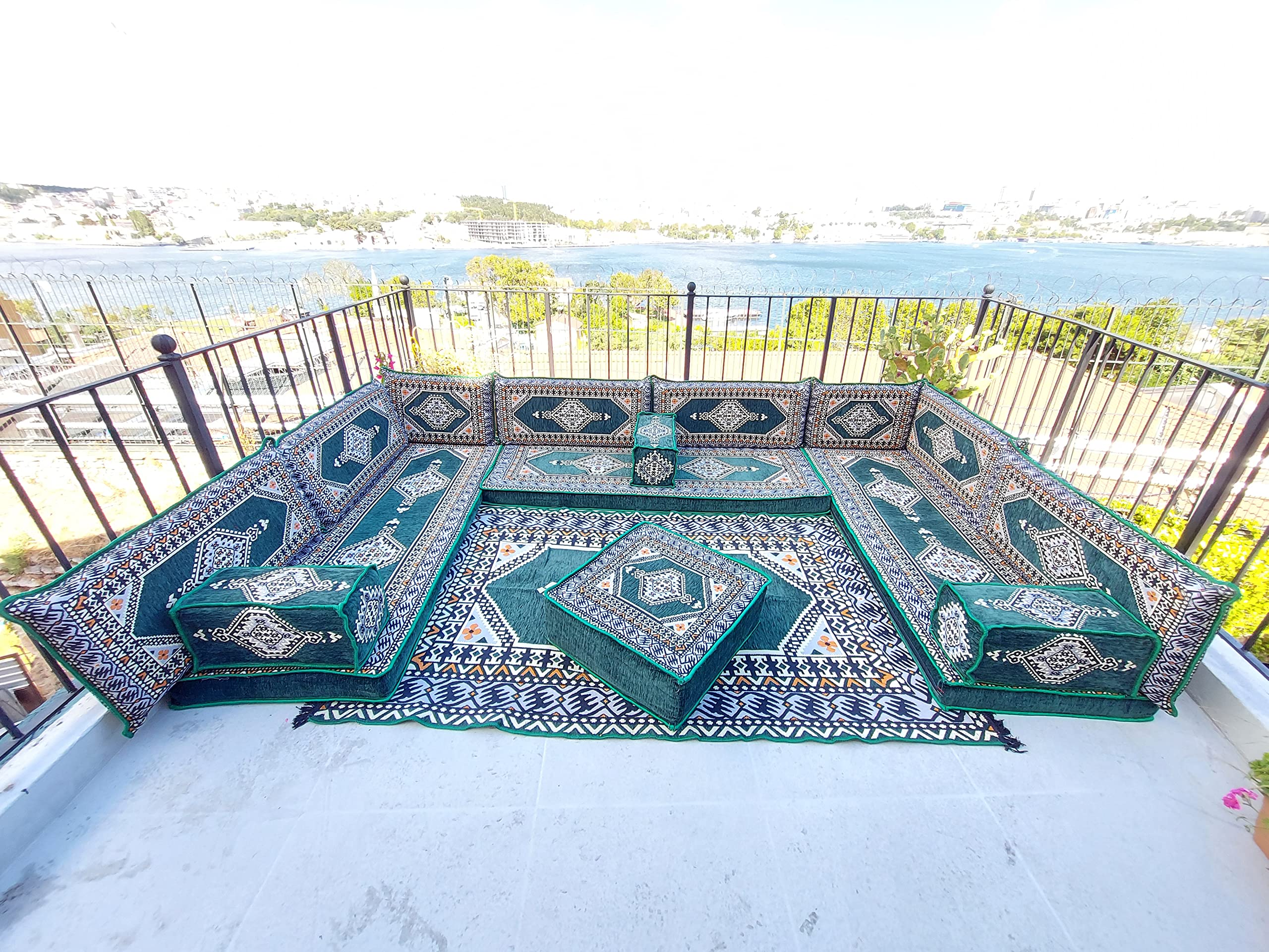 Green U-Shaped Arabic Floor Cushion Sofa Set - Hookah Lounge & Majlis Seating with Ottoman & Rug - Turkish Style Sectional Pallet Sofas for Home Decor, Living Room, and Cultural Gatherings