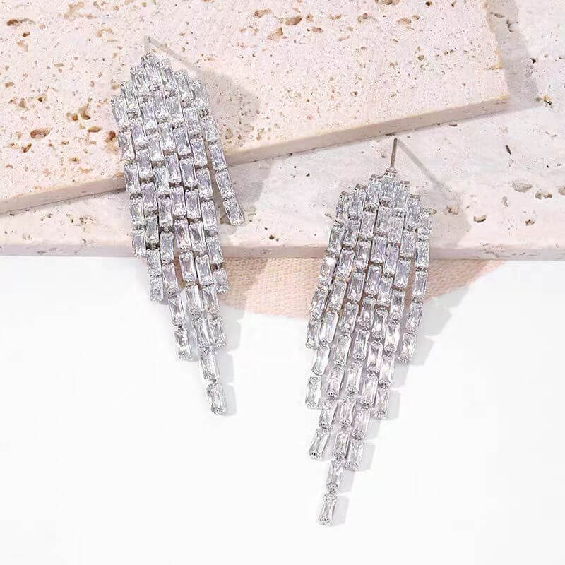 Sparkly Baguette CZ Tassel Waterfall Earrings for Women - Elegant Crystal Drop Dangle Earrings for Party, Wedding & Evening Wear | A7616
