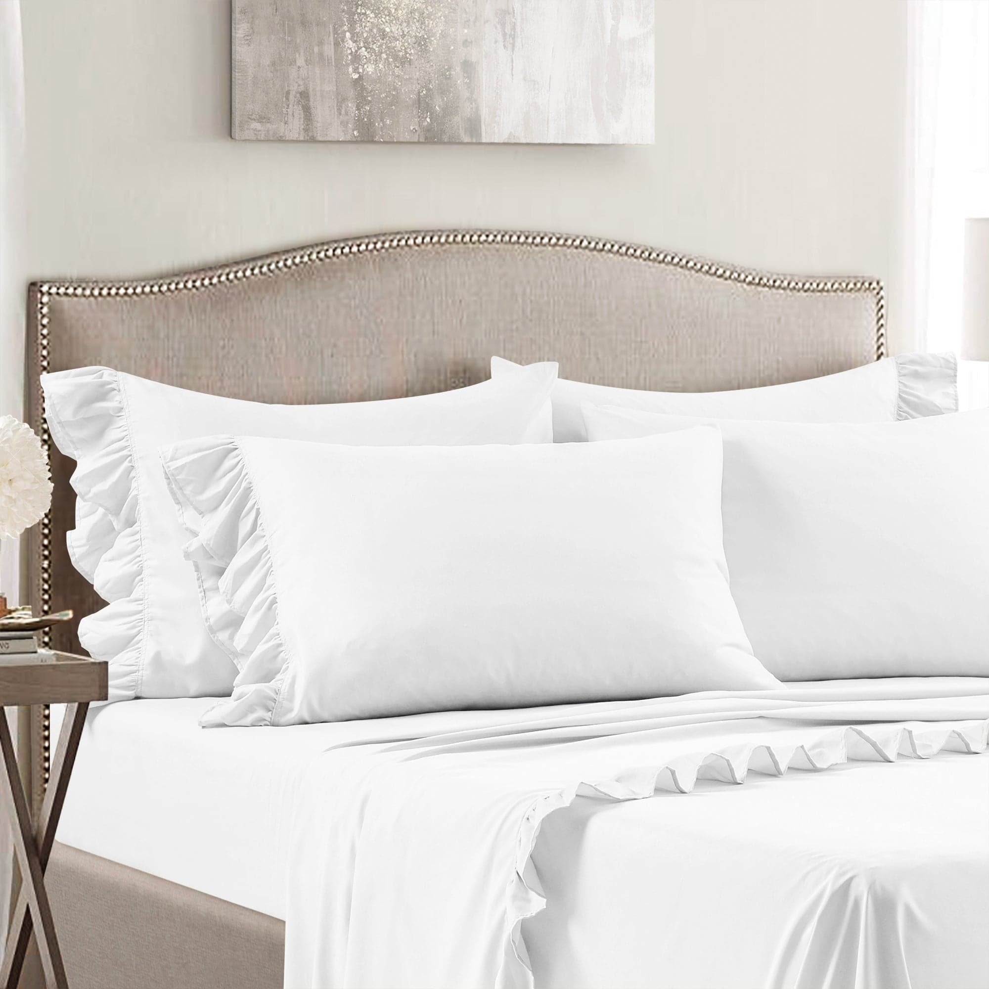 Reyna Ruffle Sheet Set - Queen Size 4-Piece Bedding Set with Floral Lace Trim, Soft Breathable Cotton for Girls & Women - Perfect for Bedroom Decor, Guest Room, and Luxury Hotel Style