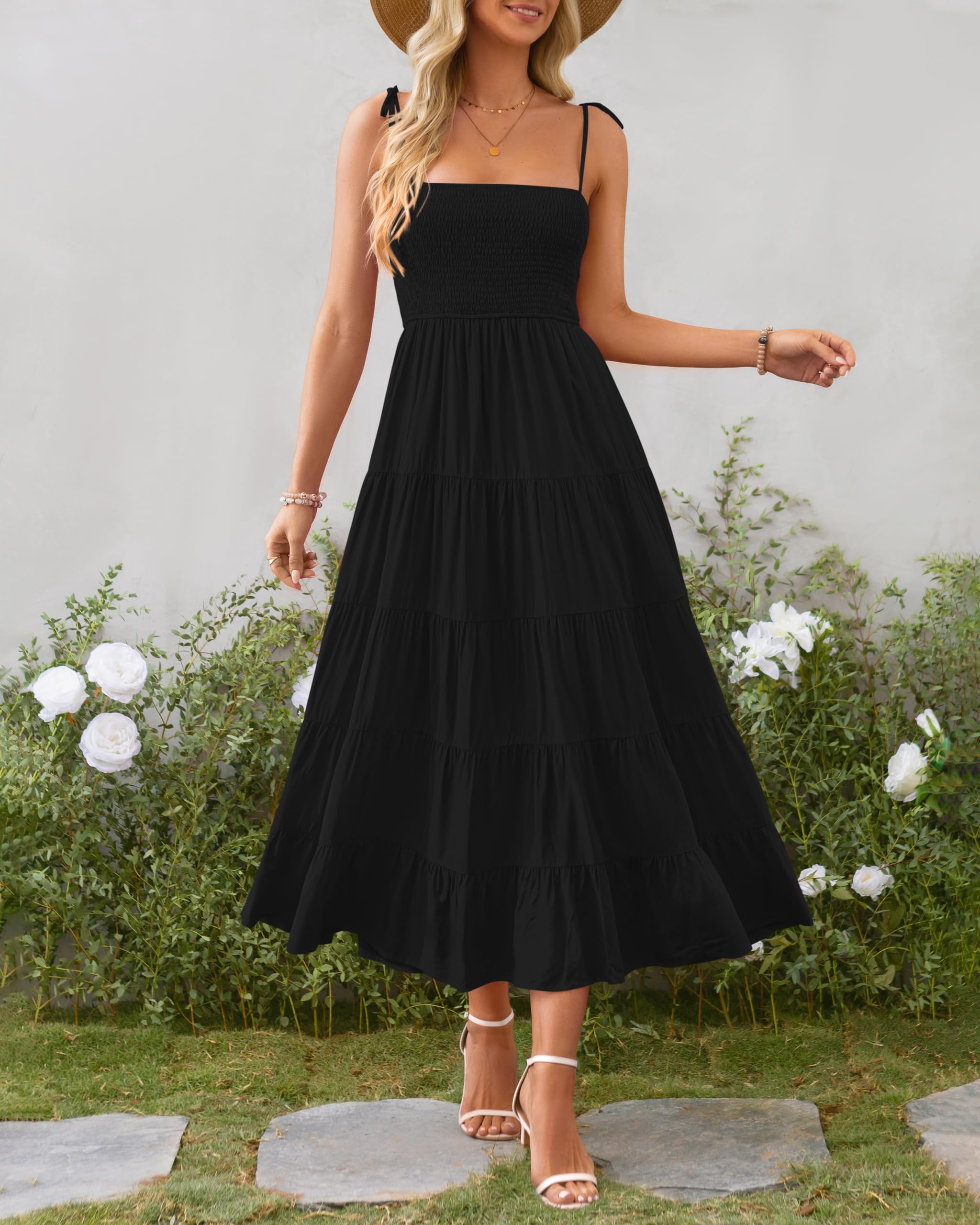 PRETTYGARDEN Women's Summer Dresses 2025 - Spaghetti Strap Sleeveless Backless Smocked A-Line Boho Flowy Midi Dress for Beach, Vacation, Party & Casual Wear