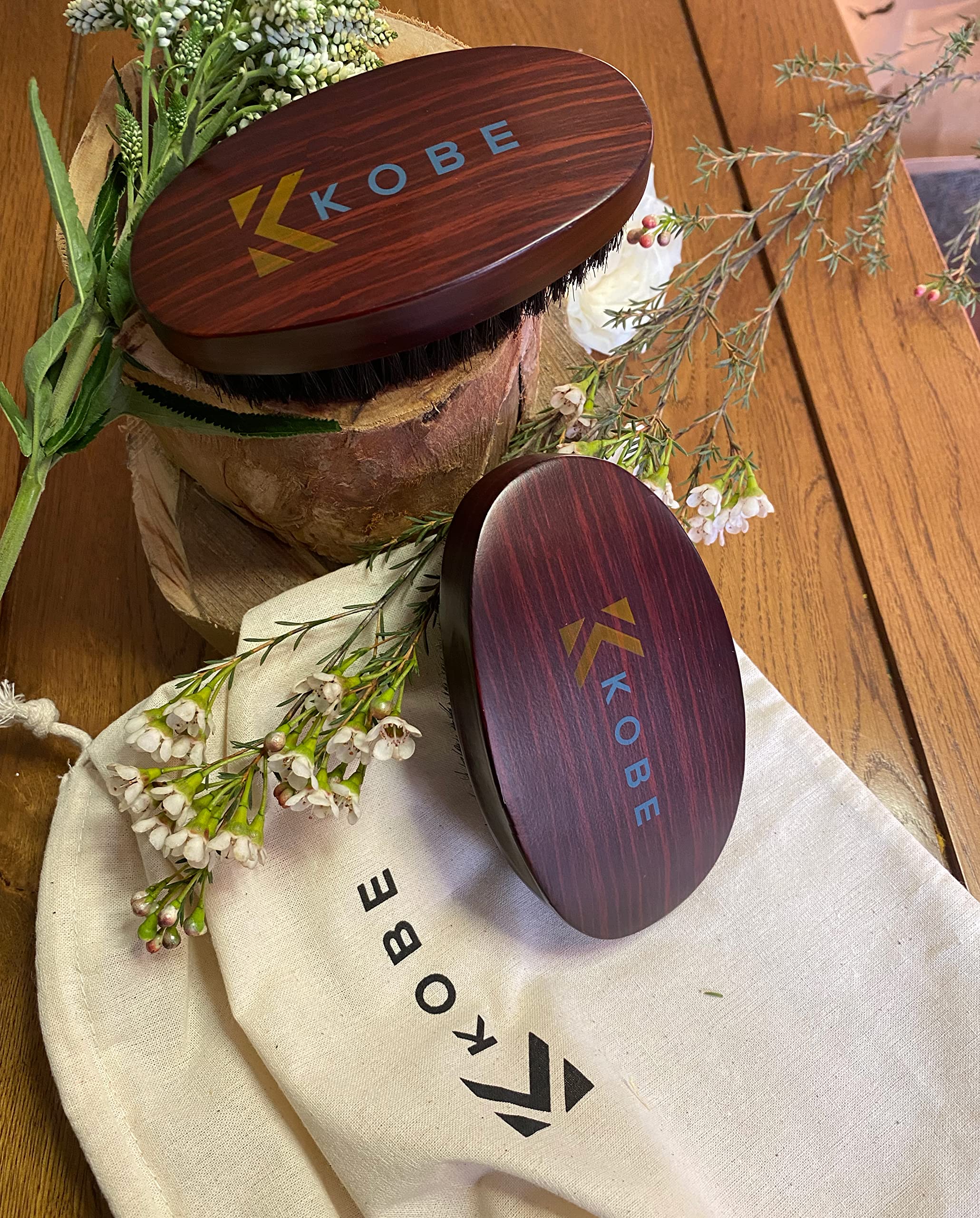 Kobe Professional Military Hair & Beard Brush Grooming Kit for Men - 2-Piece Wooden Boar Bristle Set - 100% Natural Bristles for Healthy Hair & Beard Care - Perfect for Daily Grooming, Travel & Military Use