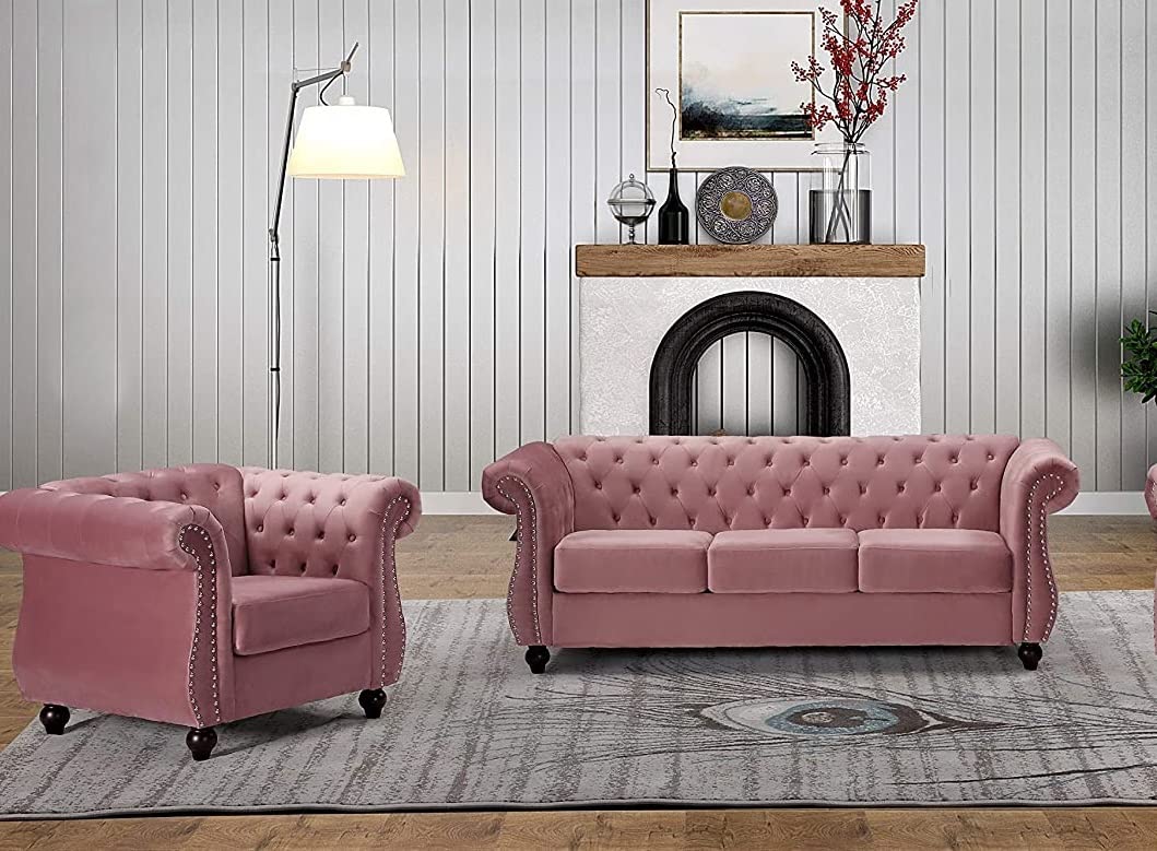 Luxury Modern Velvet Chesterfield Sofa for Living Room - Diamond Tufted Design with Nailhead Trim & Sturdy Metal Frame - Elegant Rose Color - Perfect for Home Office, Lounge & Formal Sitting Areas