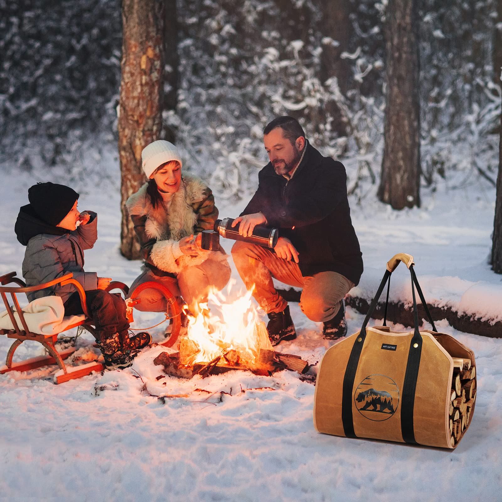 Heavy Duty Waxed Canvas Firewood Carrier Tote Bag - 39 x 18 Inches Large Log Holder with Handles for Fireplace, Camping & Outdoor Use - Bear Design