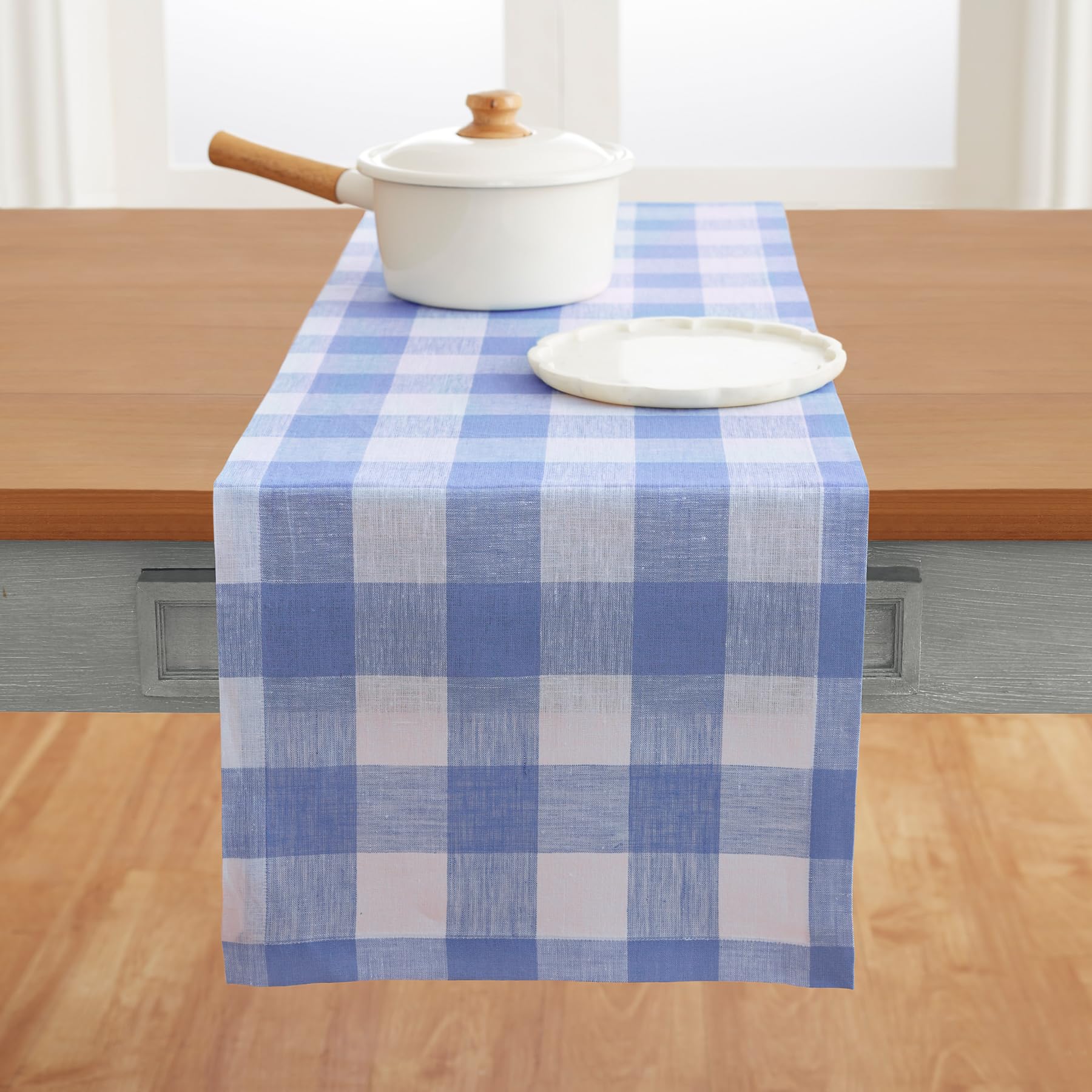 Solino Home 120 Inch Long Linen Table Runner - 100% Pure Linen Hydrangea Blue Buffalo Plaid Tablecloth (14x120 Inches) for Wedding Decor, Party Centerpiece, Spring & Easter Table Setting, Mothers Day Gift - Elegant Dining Room & Kitchen Decor